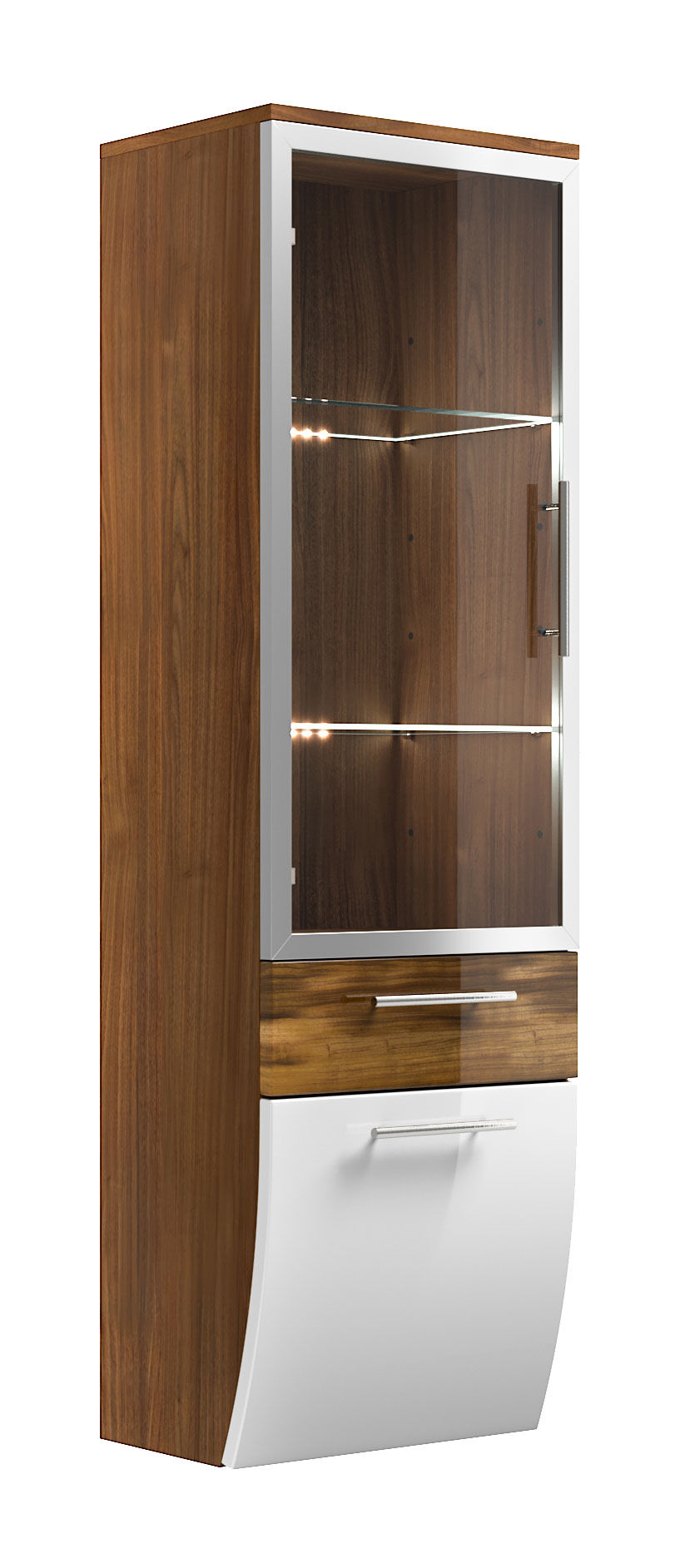 Hochschrank Salona 135 cm mit Glastür Weiss hochglanz/Walnuss hochglanz