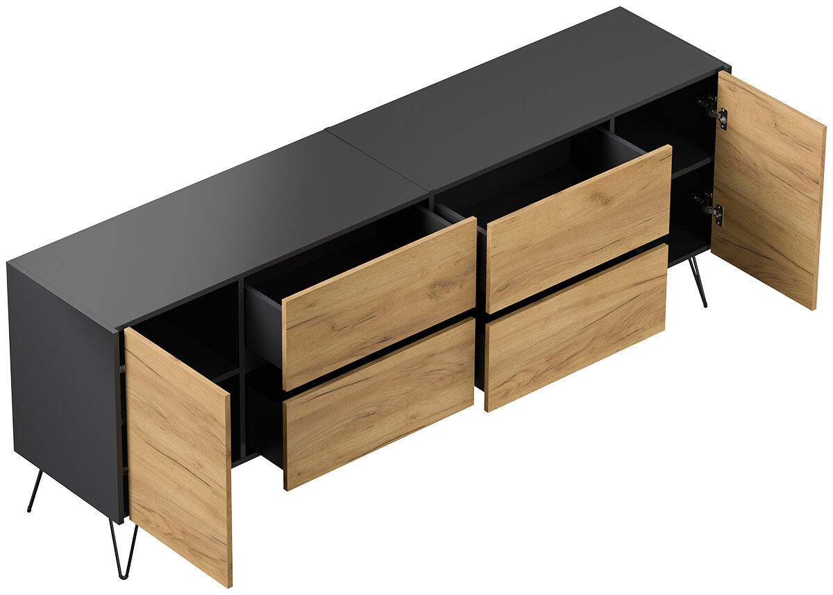 Sideboard Yako 200cm 2 Türen 4 Schubladen Grafit mit Eiche Fronten