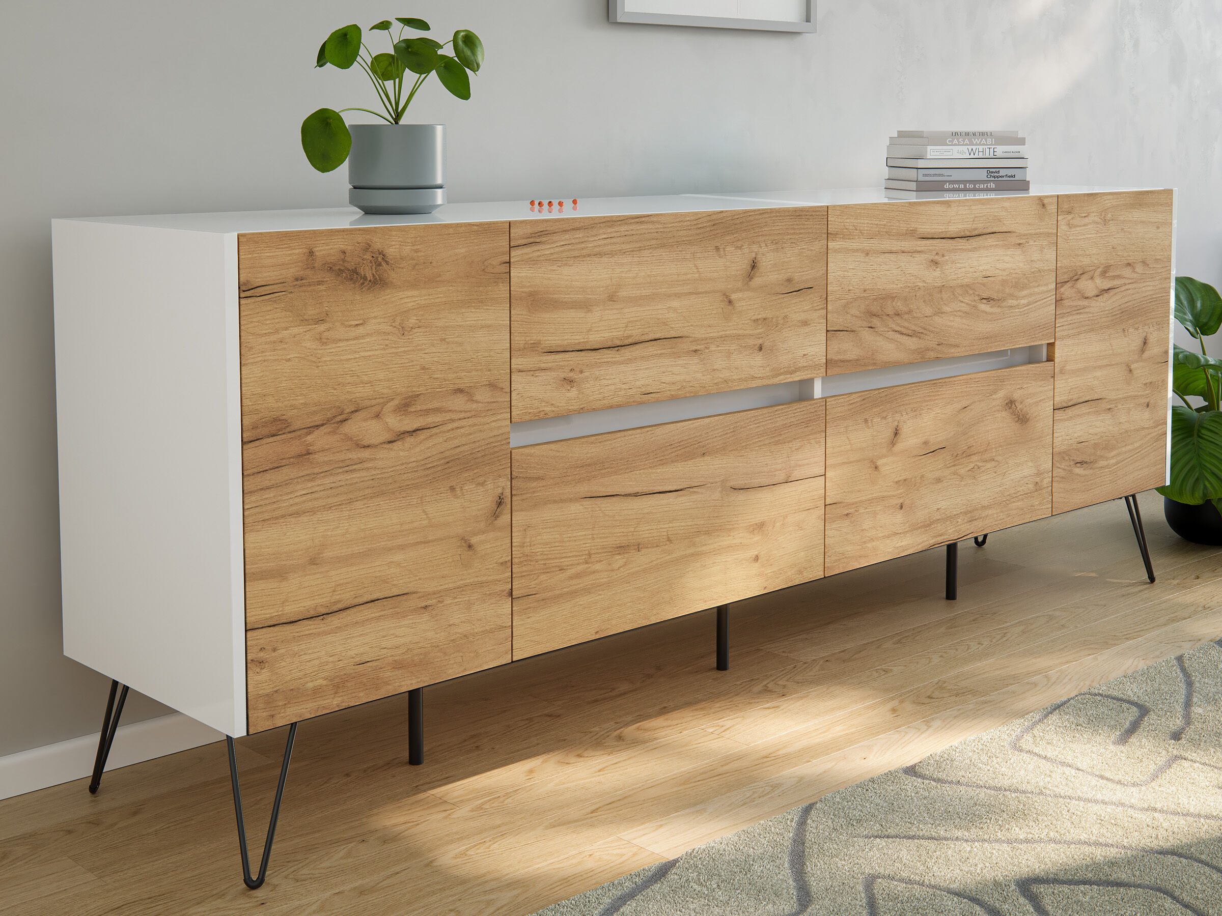 Sideboard Yako 200cm 2 Türen 4 Schubladen Weiß Hgl mit Eiche Fronten | Weiss hochglanz / Eiche Gold