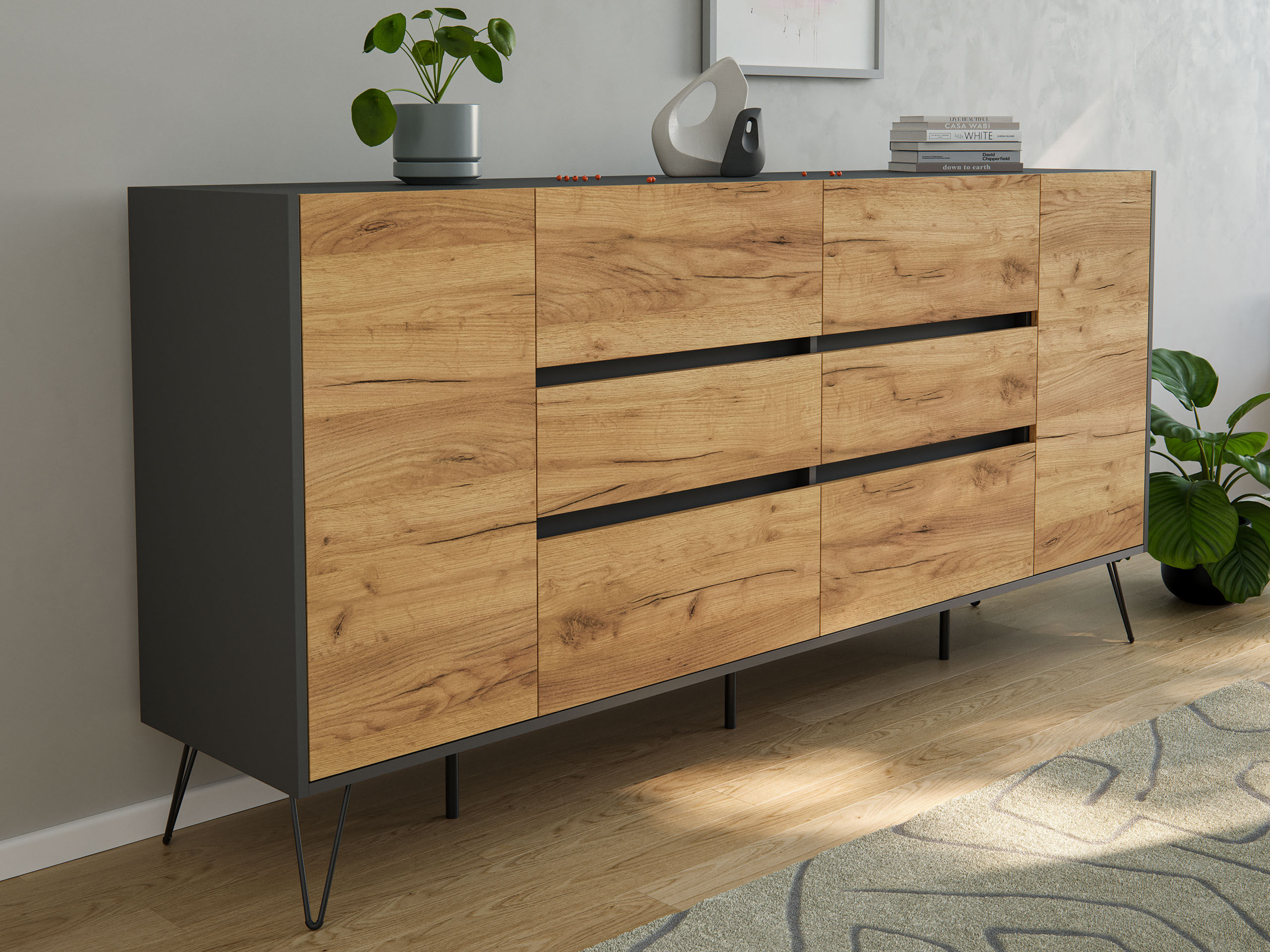 Sideboard Kommode Yako 200cm Greifraum 6 SoftClose 2 Türen Grafit/Eiche Front