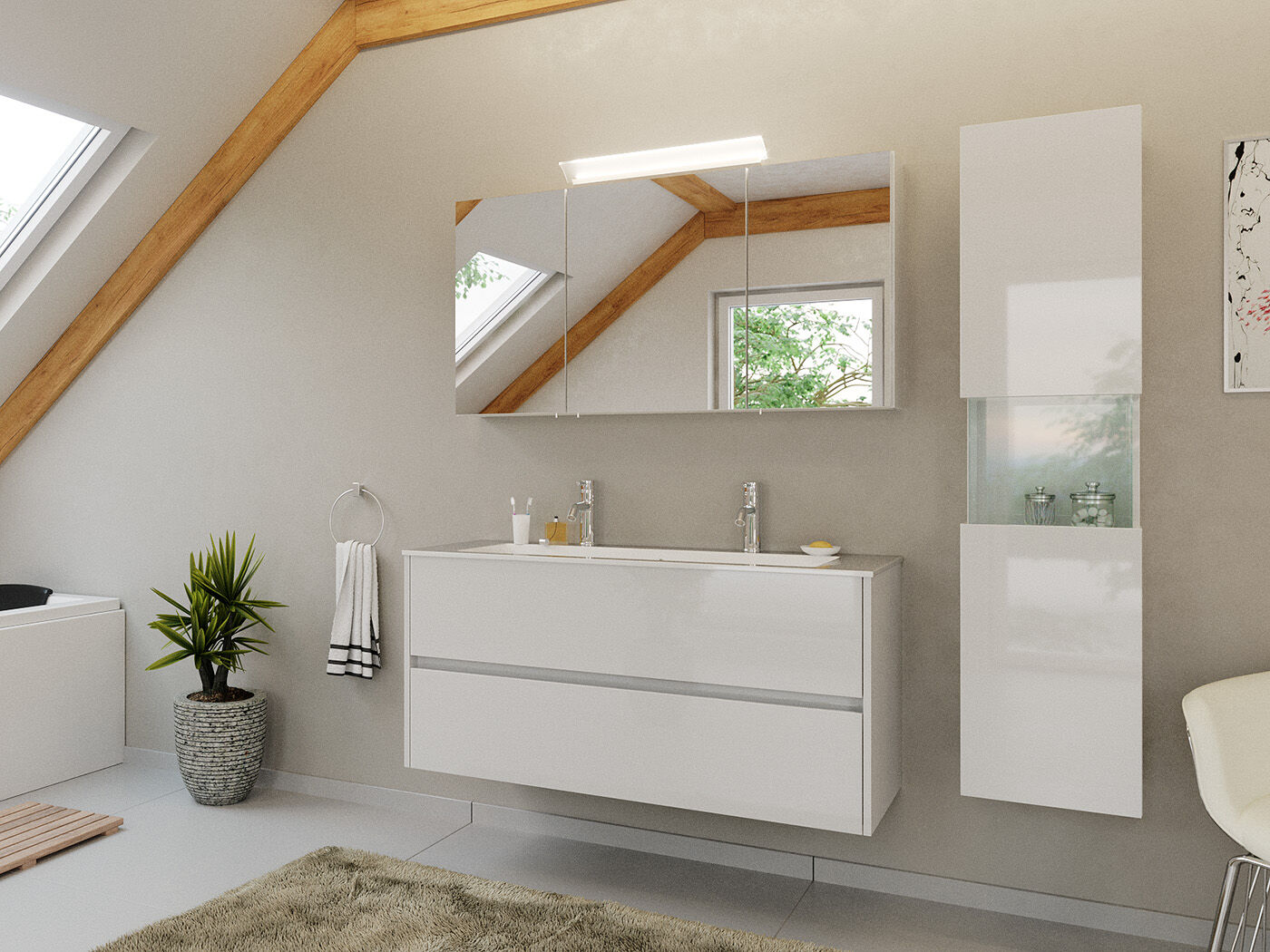 Doppel-Badmöbel Set Taifun 3tlg. 120 cm mit Spiegelschrank & Hochschrank weiß 