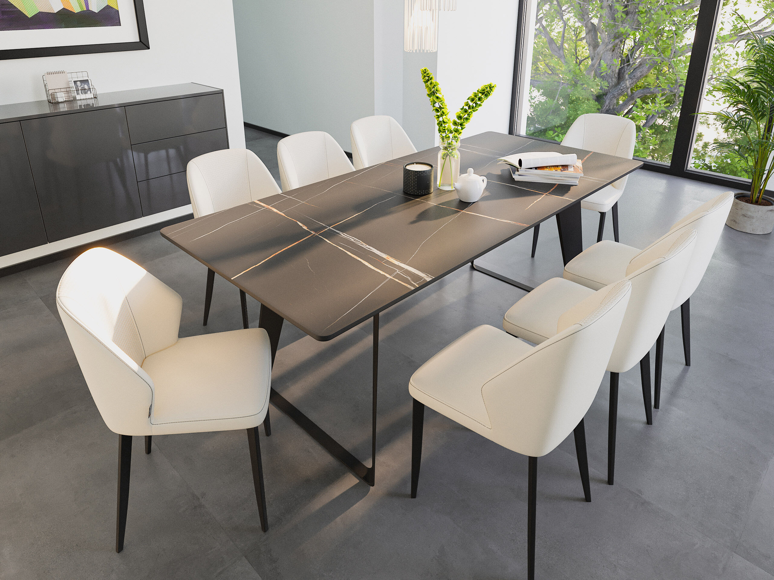 Esstisch Set FLORINT 200 schwarze Keramikplatte mit 8 Stühlen Kunstleder beige