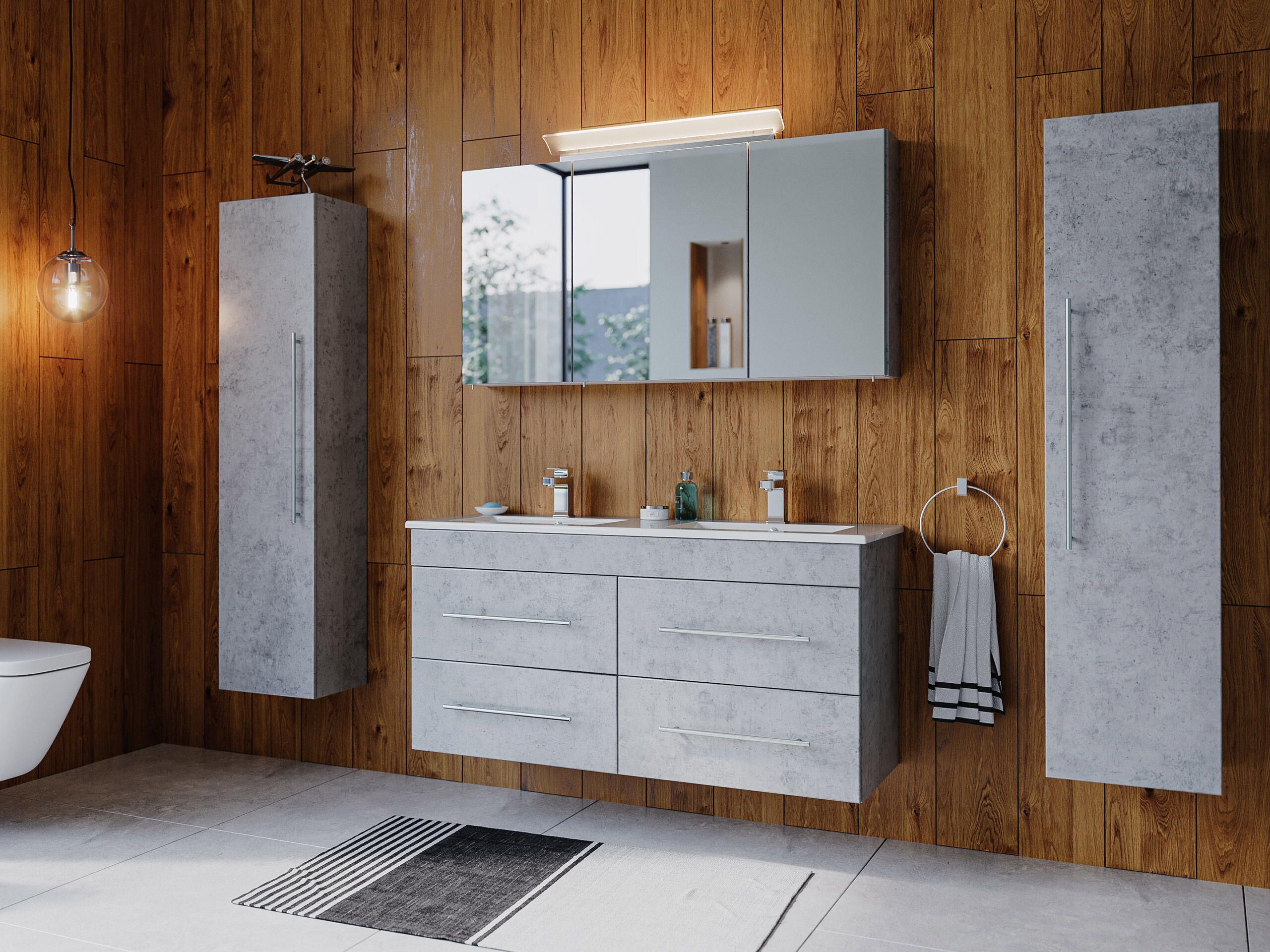 Badmöbelset Helios 4 tlg inkl Spiegelschrank, Hochschränke SoftClose beton