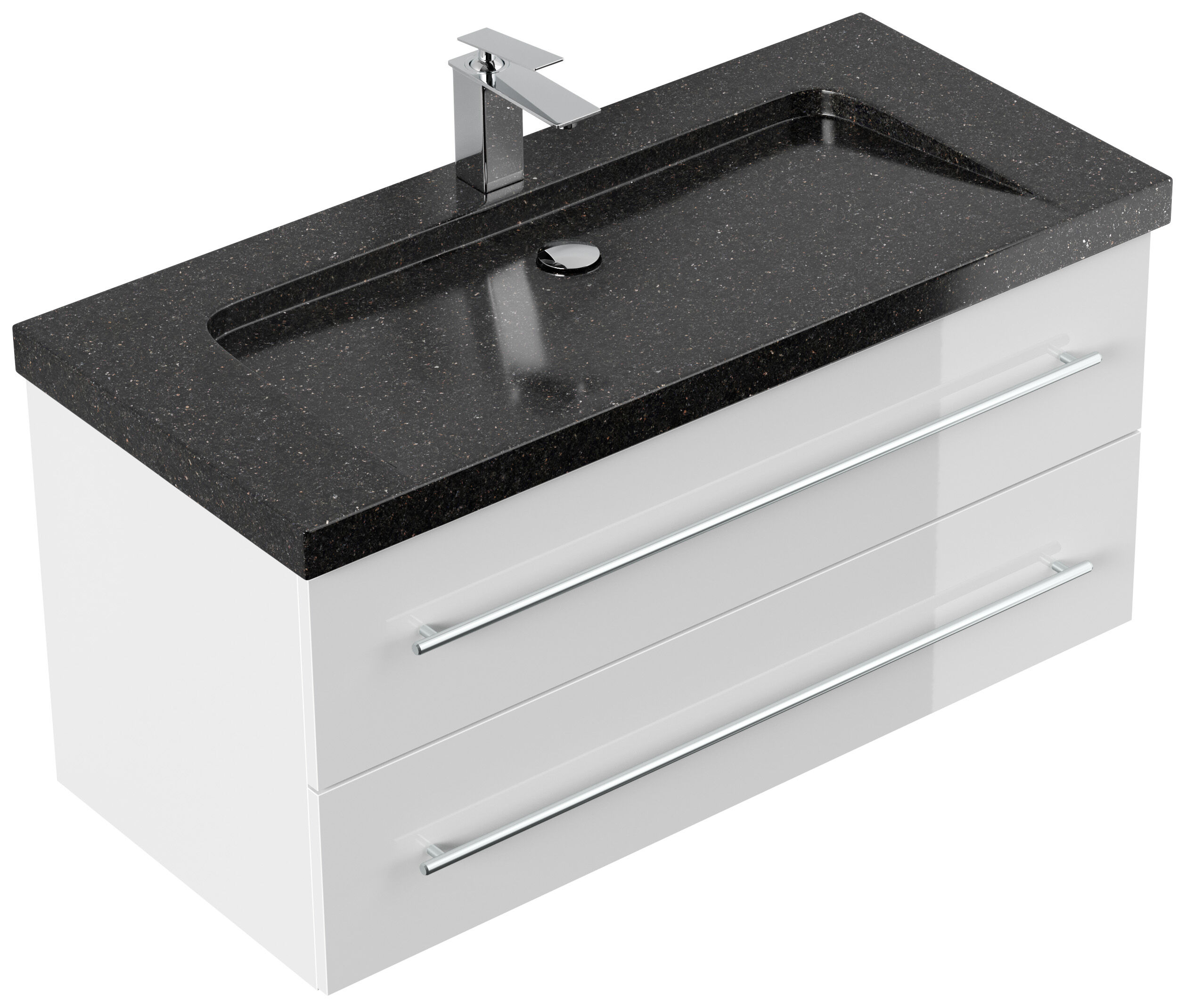 Badmöbel Granit Galaxy Black Damo 100 cm 1 Hahnloch SoftClose weiß hochglanz
