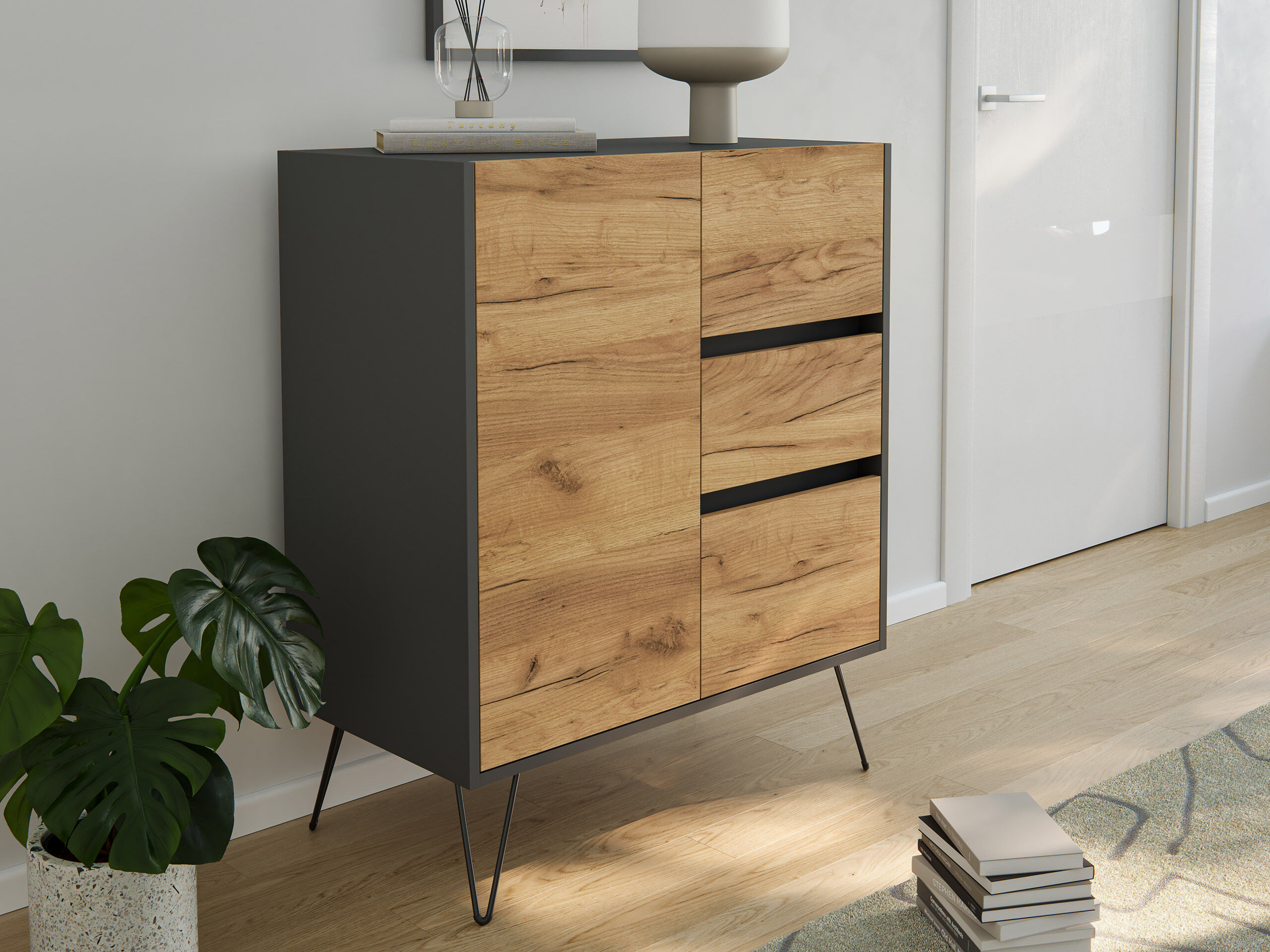 Design Sideboard Kommode Rauk 80cm 3 Greifraum SoftClose 1 Tür Grafit
