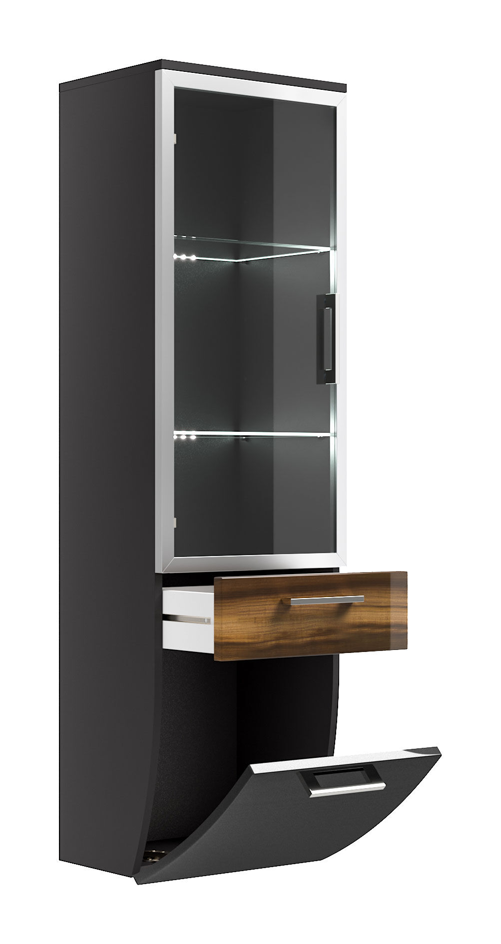 Hochschrank Rima 135 cm mit Glastür rund Walnuss hochglanz/Grafit hochglanz