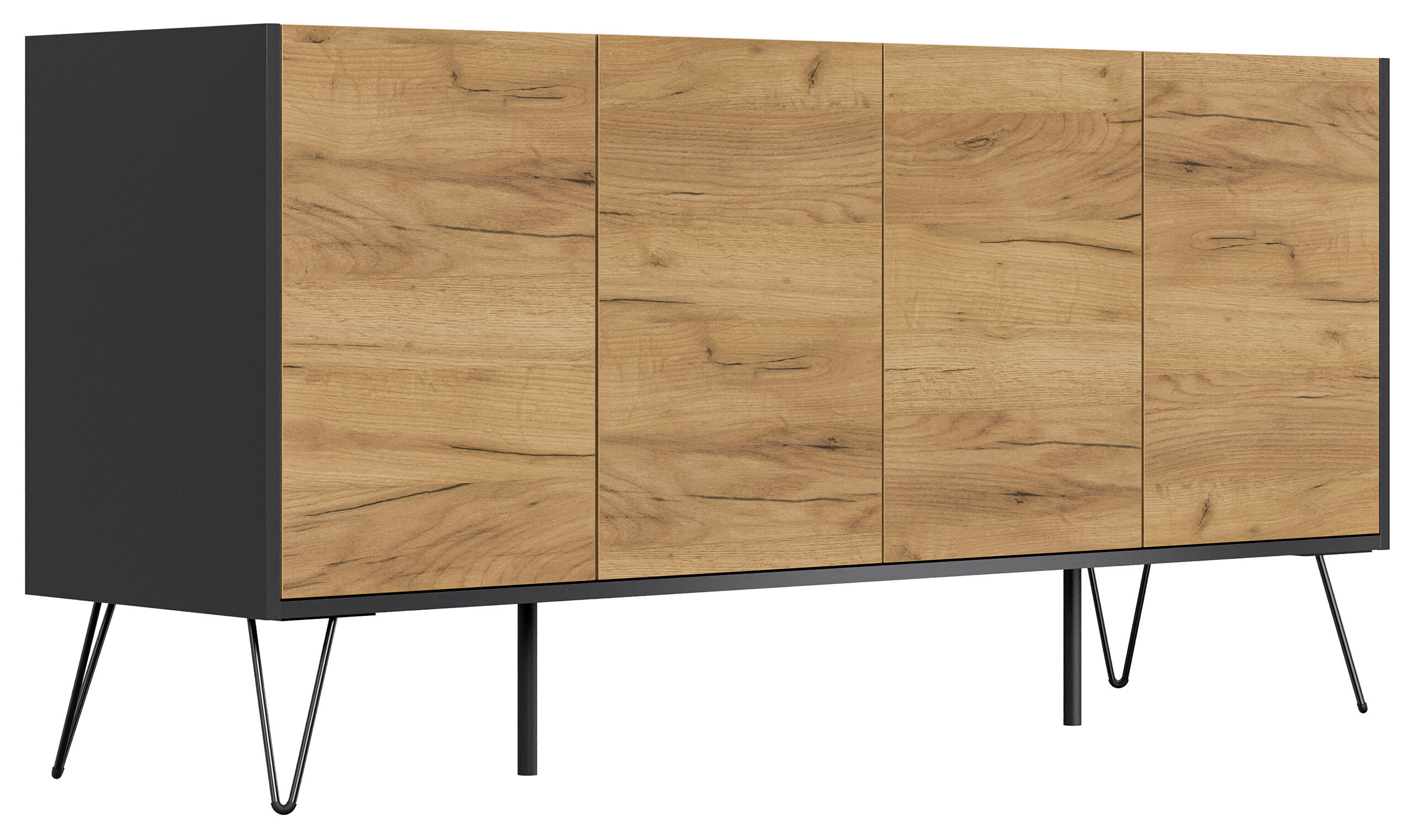 Raumwunder XL Sideboard Kommode Maxim 155cm stehend 4 Türen Grafit/Eiche Front