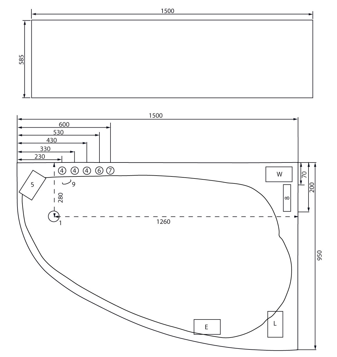 Langeck Whirlpool Stardust 150x95 rechts Made in Germany 22 Düsen mit Armatur