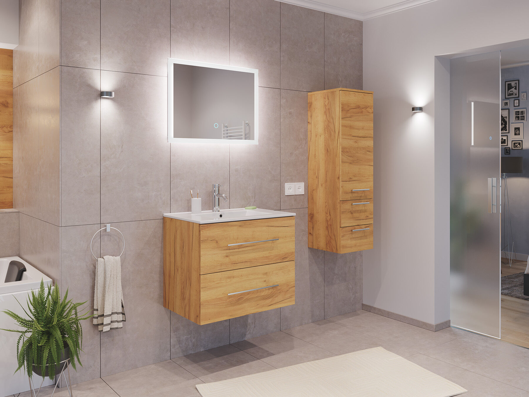 Badmöbel Set Firenze 70 3tlg. LED Spiegel und Seitenschrank eiche gold