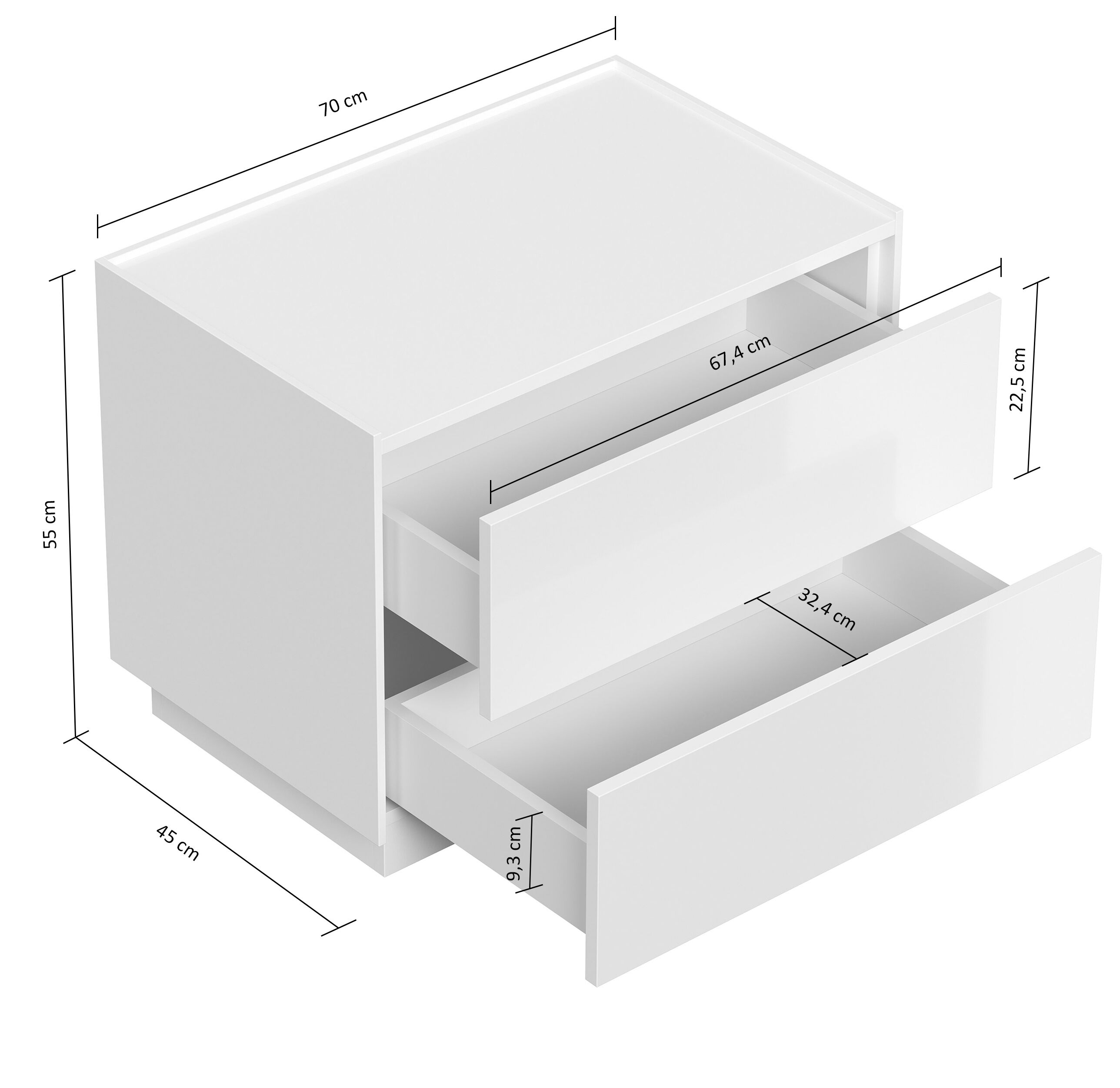 Nachttisch Kommode Concepto XL 70cm, Quarztop, 2 Pushauszüge lackiert Weiß Hgl