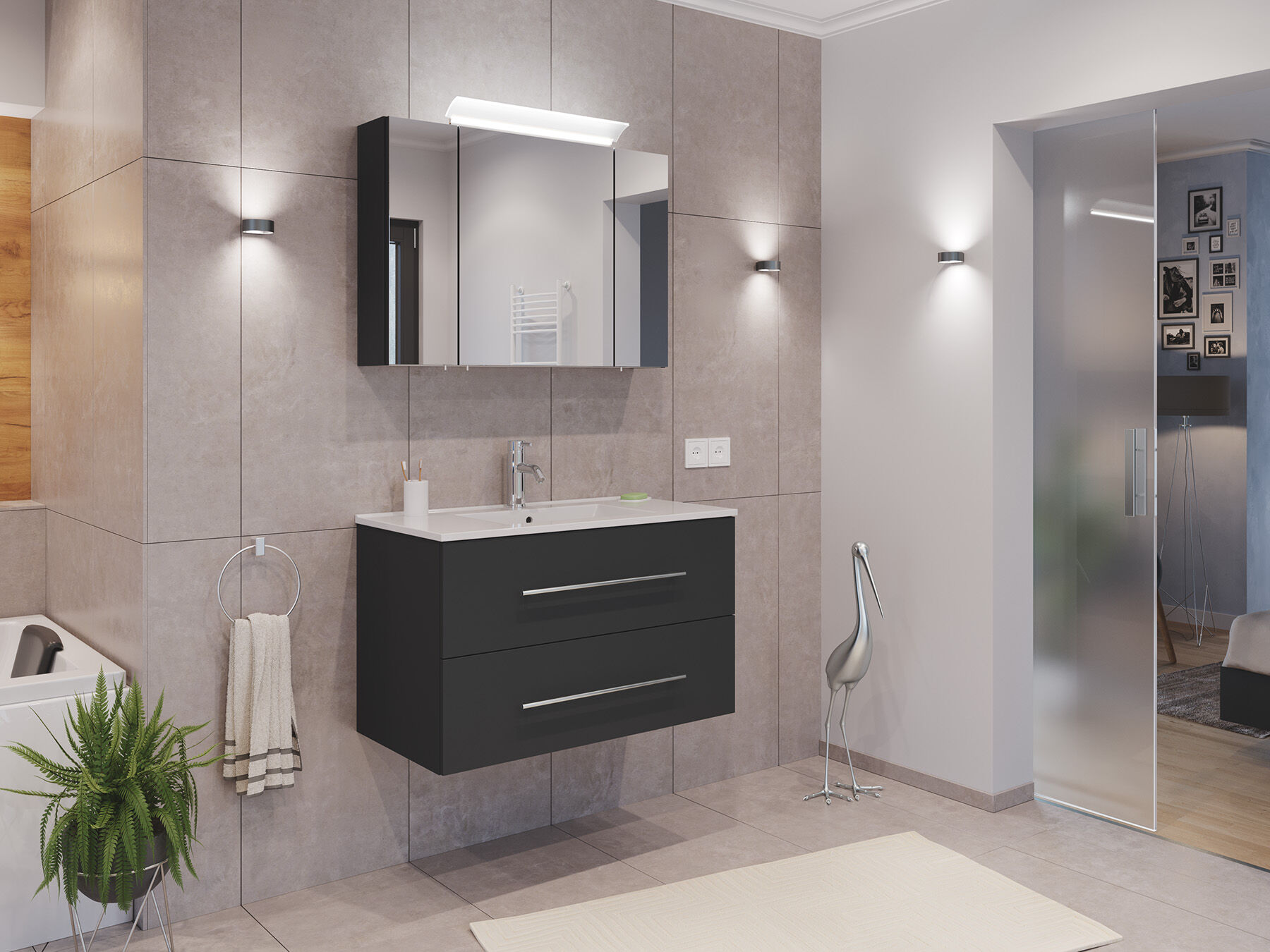 Badmöbel Set Firenze 90 2tlg. Spiegelschrank Softclose grafit