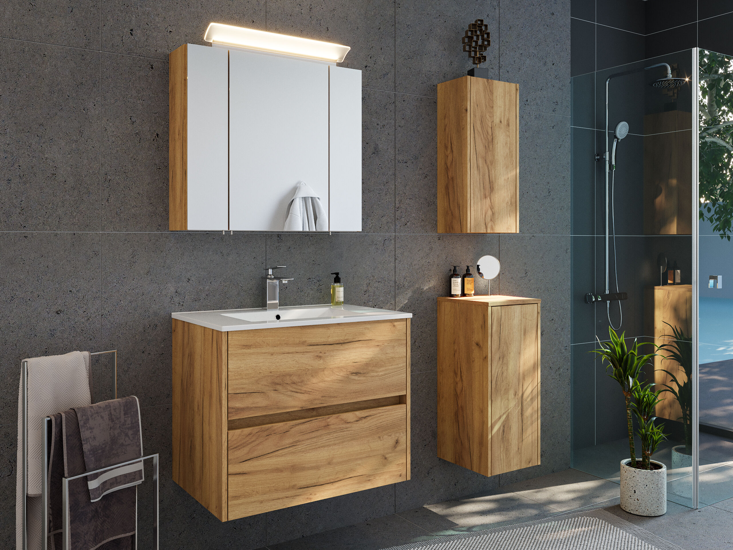 Badmöbelset Taifun 70cm 4tlg mit Spiegelschrank & 2x Badschrank eiche gold | Eiche Gold