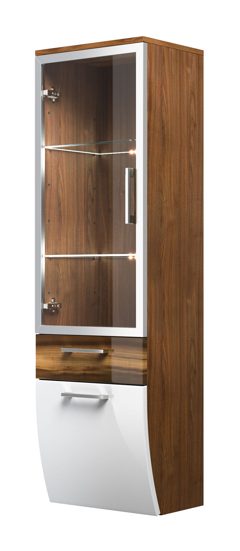 Hochschrank Rima 135 cm mit Glastür rund Weiss hochglanz/Walnuss hochglanz
