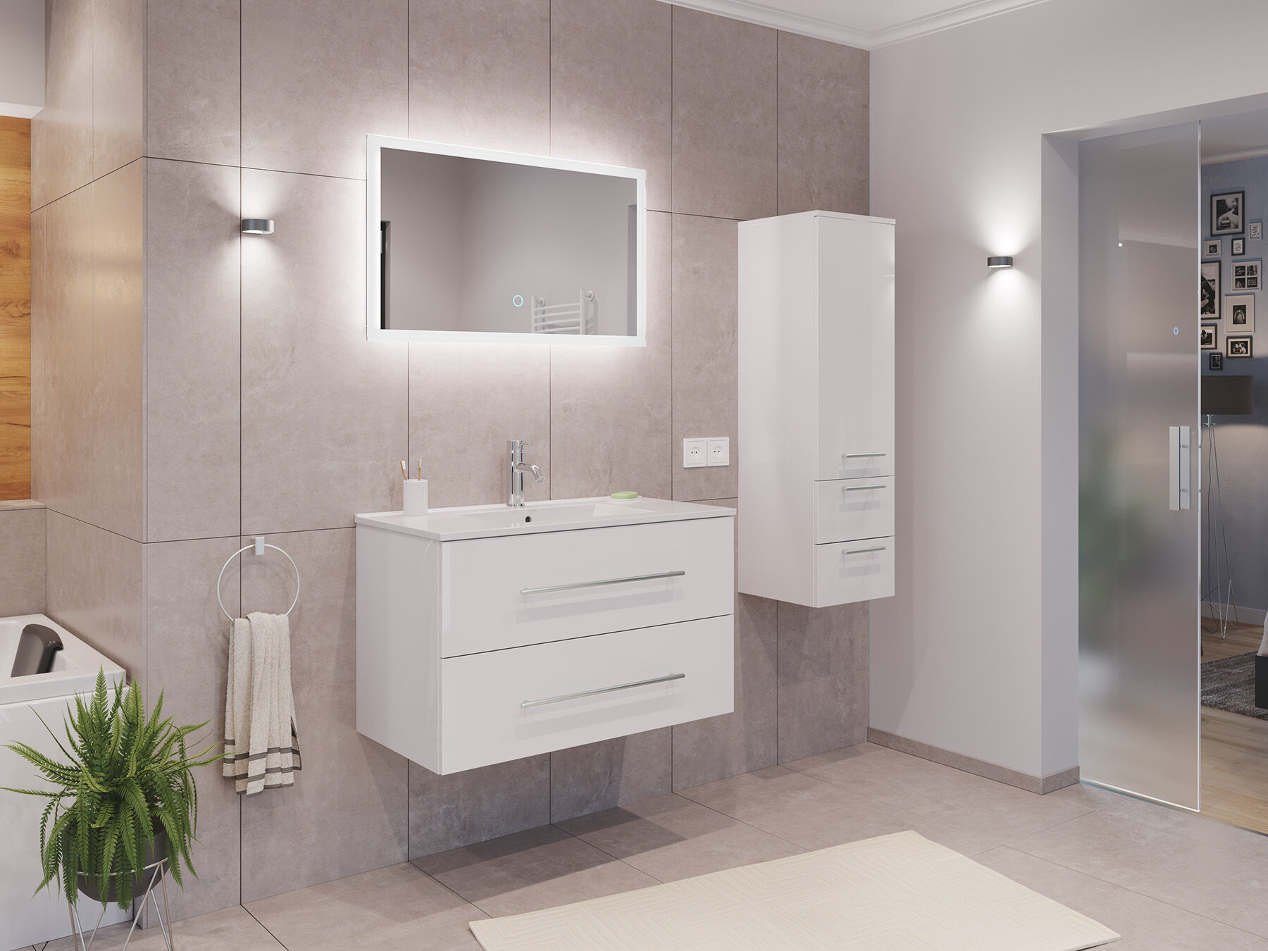 Badmöbel Set Firenze 90 3tlg. LED Spiegel und Seitenschrank eiche gold