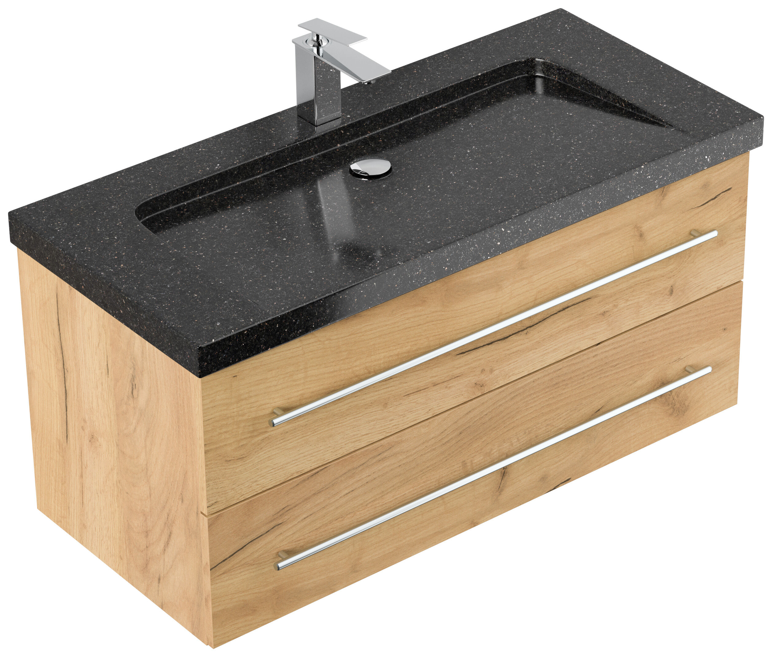Badmöbel Granit Galaxy Black Damo 100 cm 1 Hahnloch SoftClose eiche gold