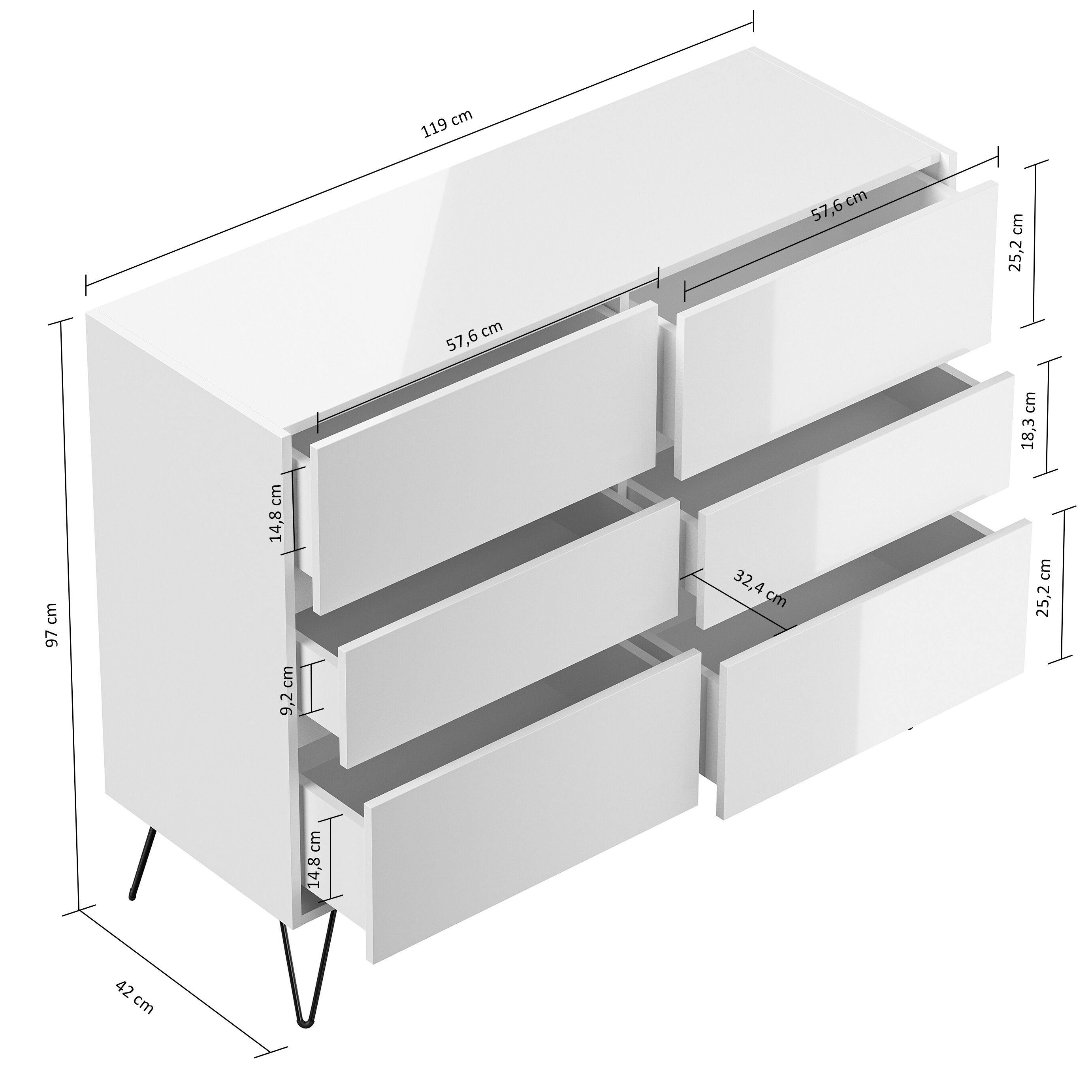 Sideboard Kommode Volo 120cm Greifraum 6 SoftClose Schubladen Weiß/Eiche Top