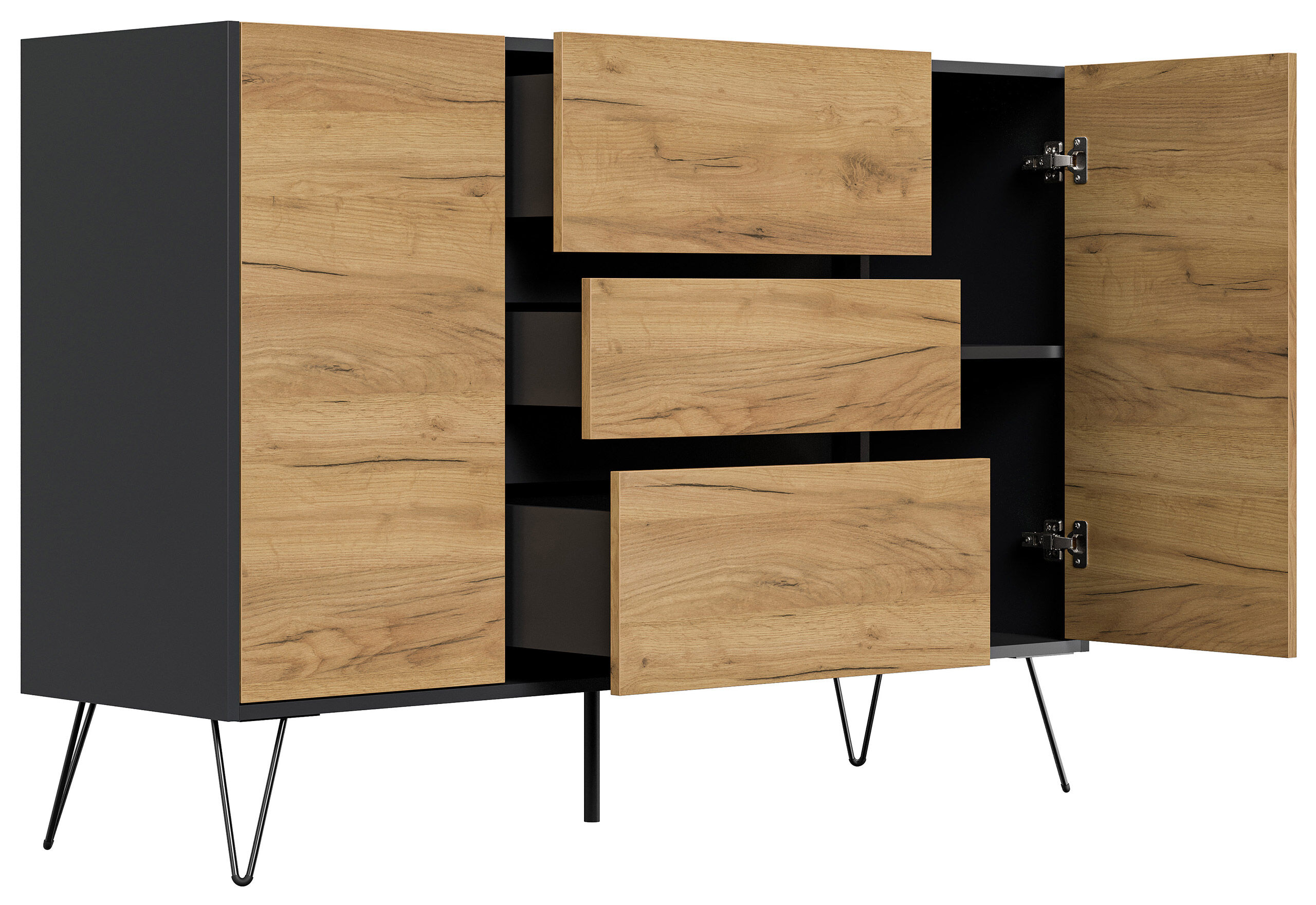 Sideboard Yako XL 140cm 3 SoftClose 2 Türen Grafit/Eiche Front