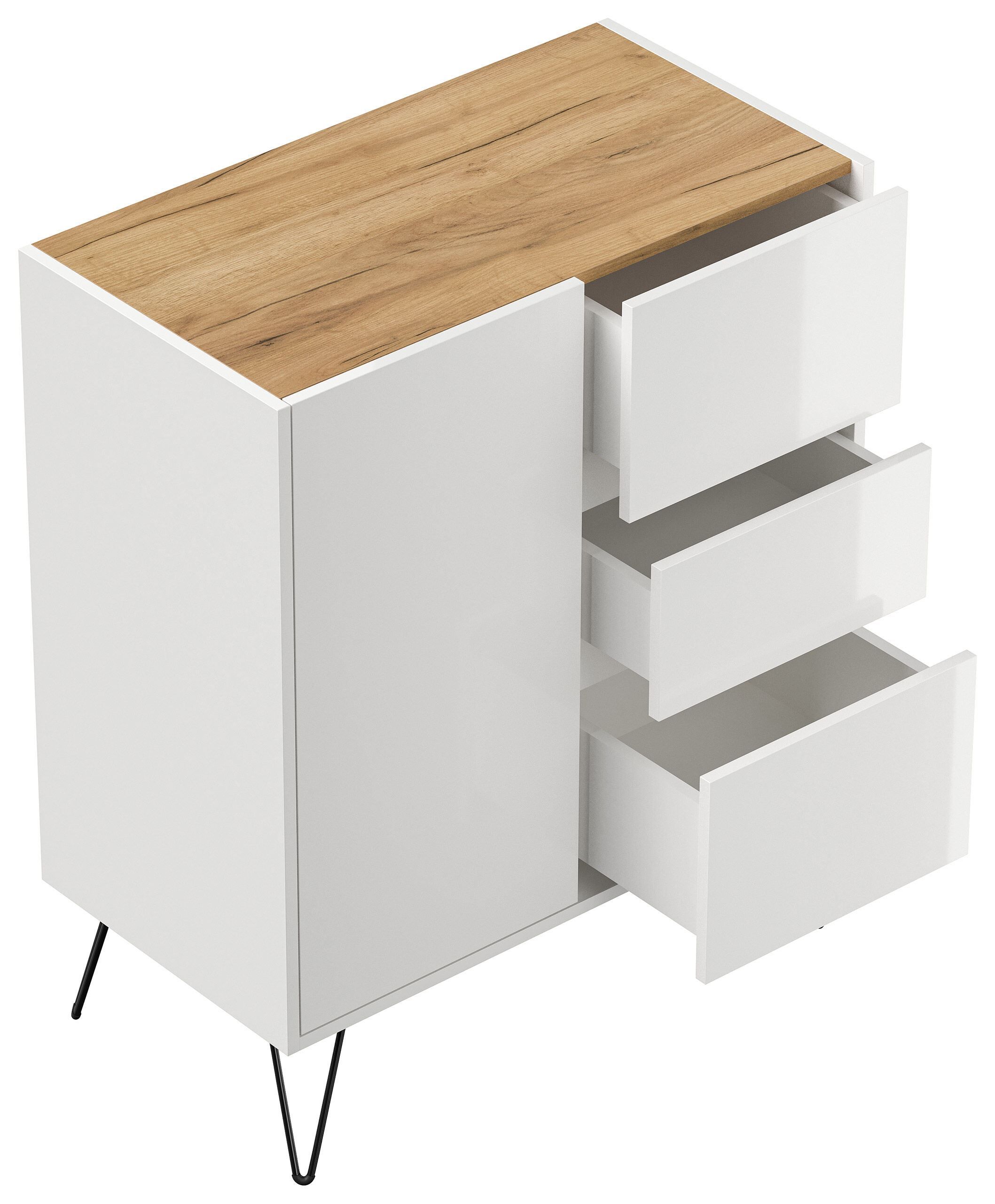 Design Sideboard Kommode Rauk 80cm 3 Greifraum SoftClose 1 Tür Weiß/Eiche Top