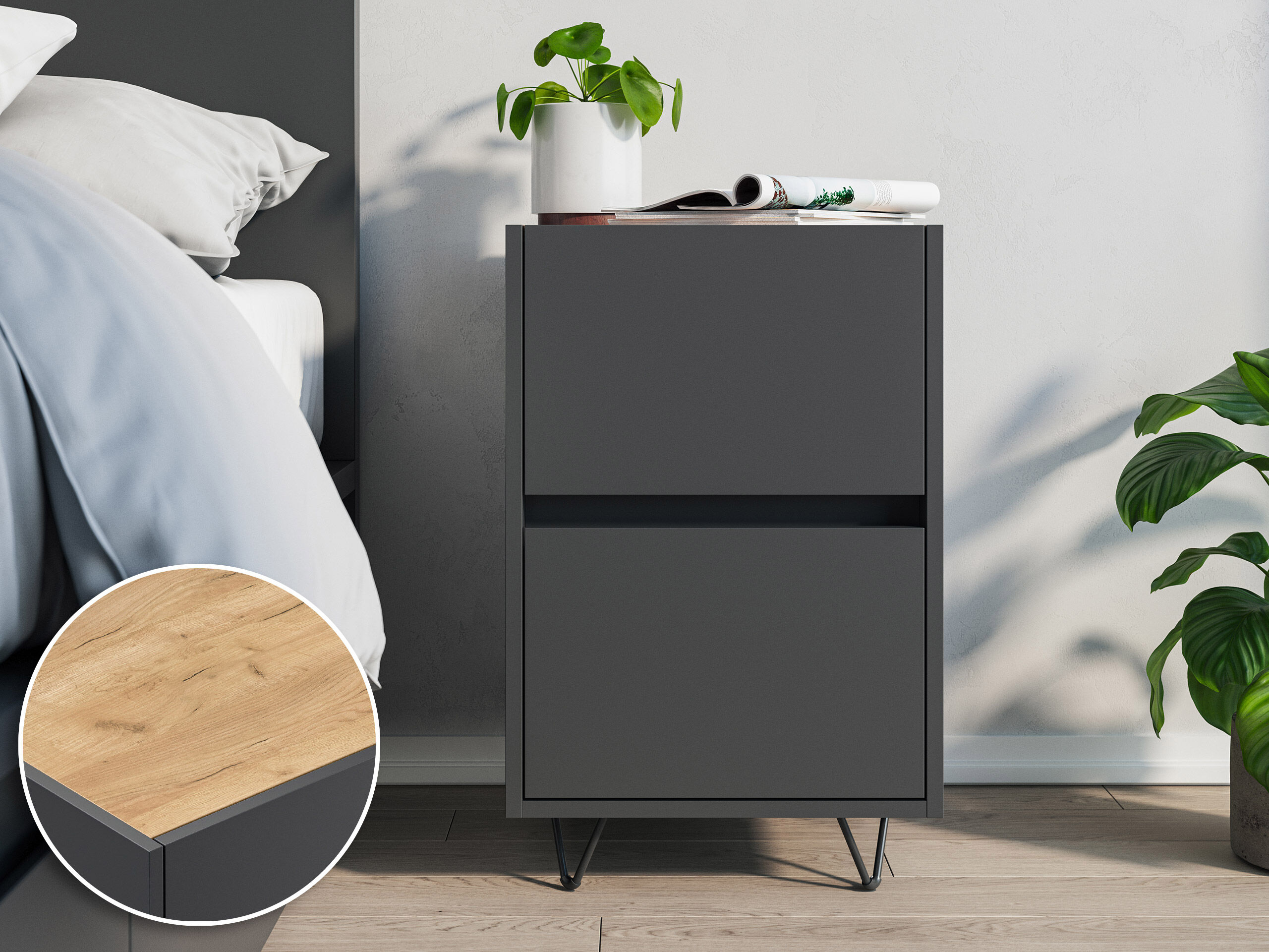 Nachttisch Yako 40cm 2 SoftClose stehend Weiß & Eiche Top