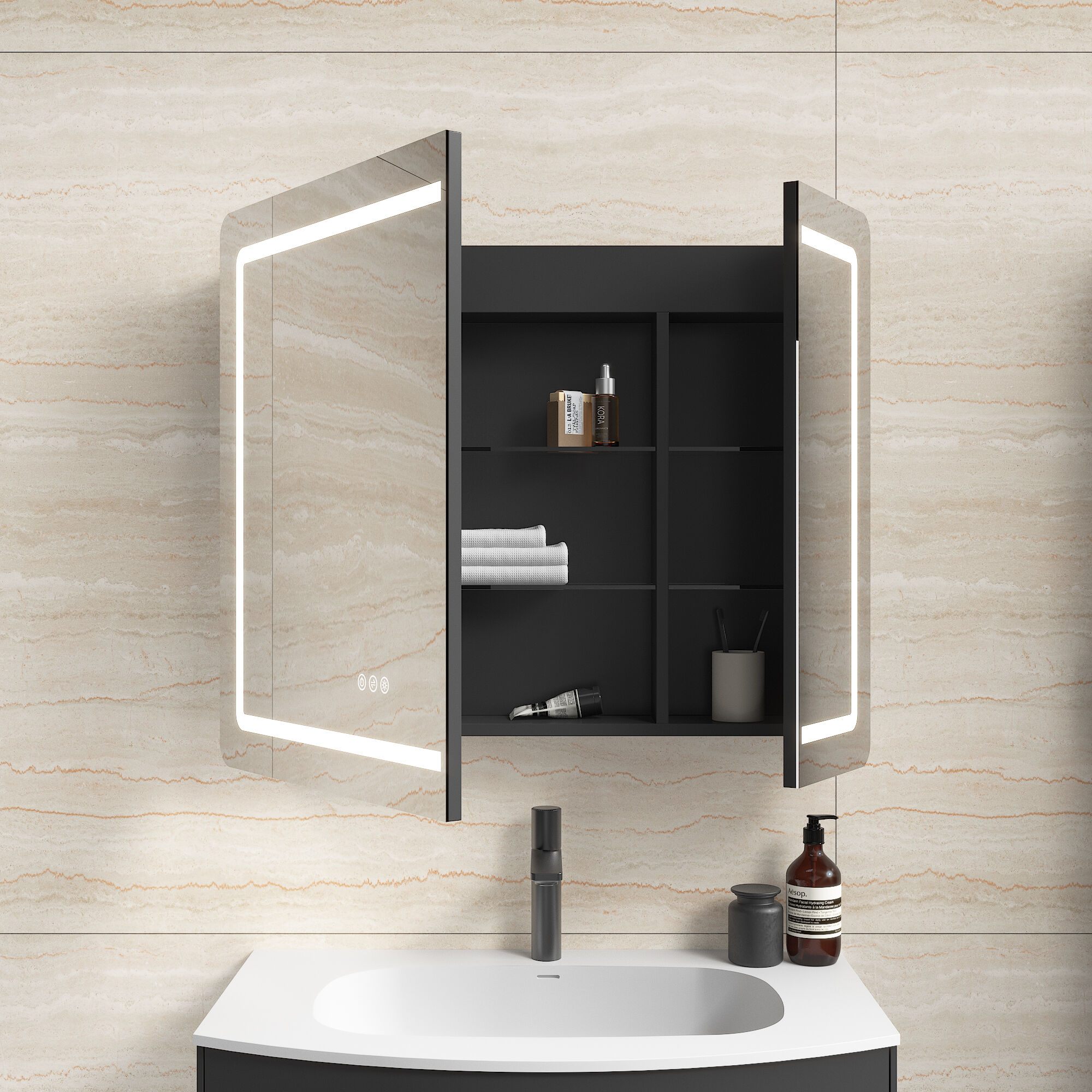 Spiegelschrank Riva 80 cm inkl. LED-Lampe und Glasböden montiert schwarz matt