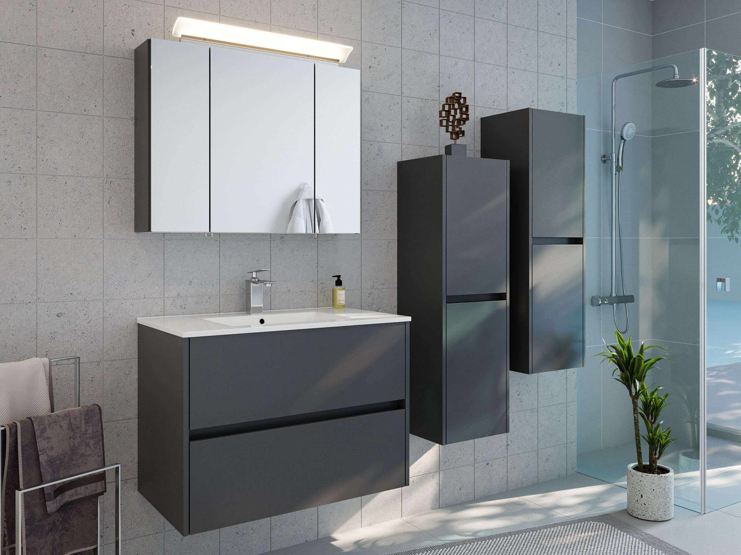 Badmöbelset Taifun 80cm 4tlg mit Spiegelschrank & 2x Seitenschrank grafit | Grafit