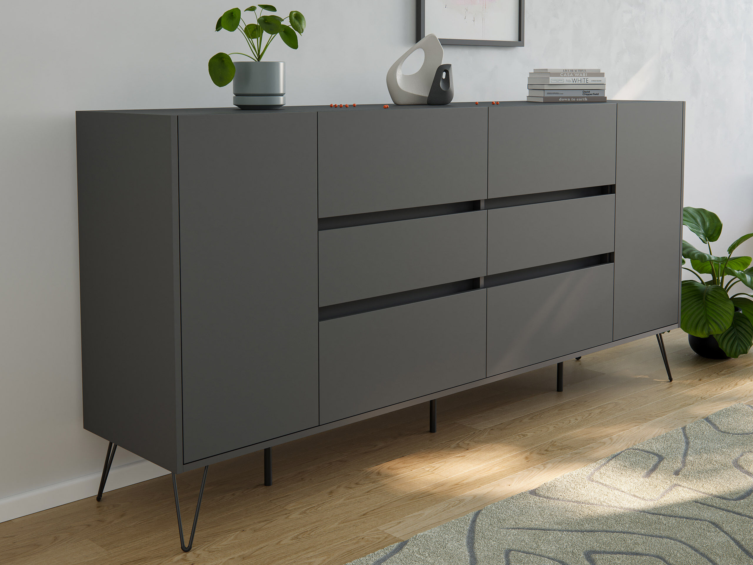 Design Sideboard Kommode Yako 200cm Greifraum 6 SoftClose 2 Türen Grafit