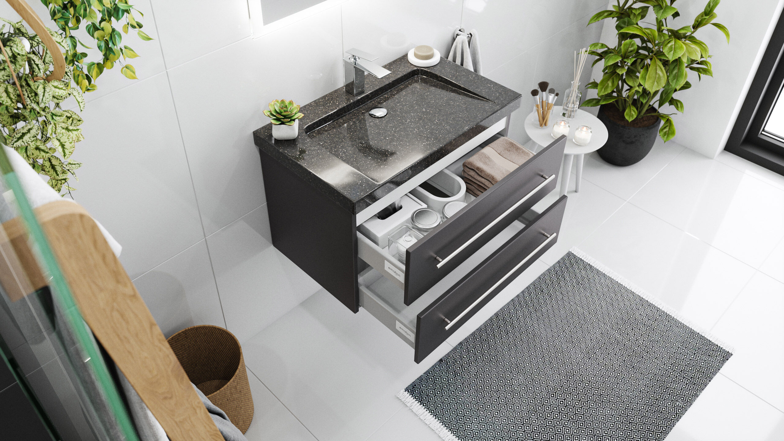Badmöbel Granit Galaxy Black Damo 75 cm 1 Hahnloch SoftClose anthrazit & Spiegel