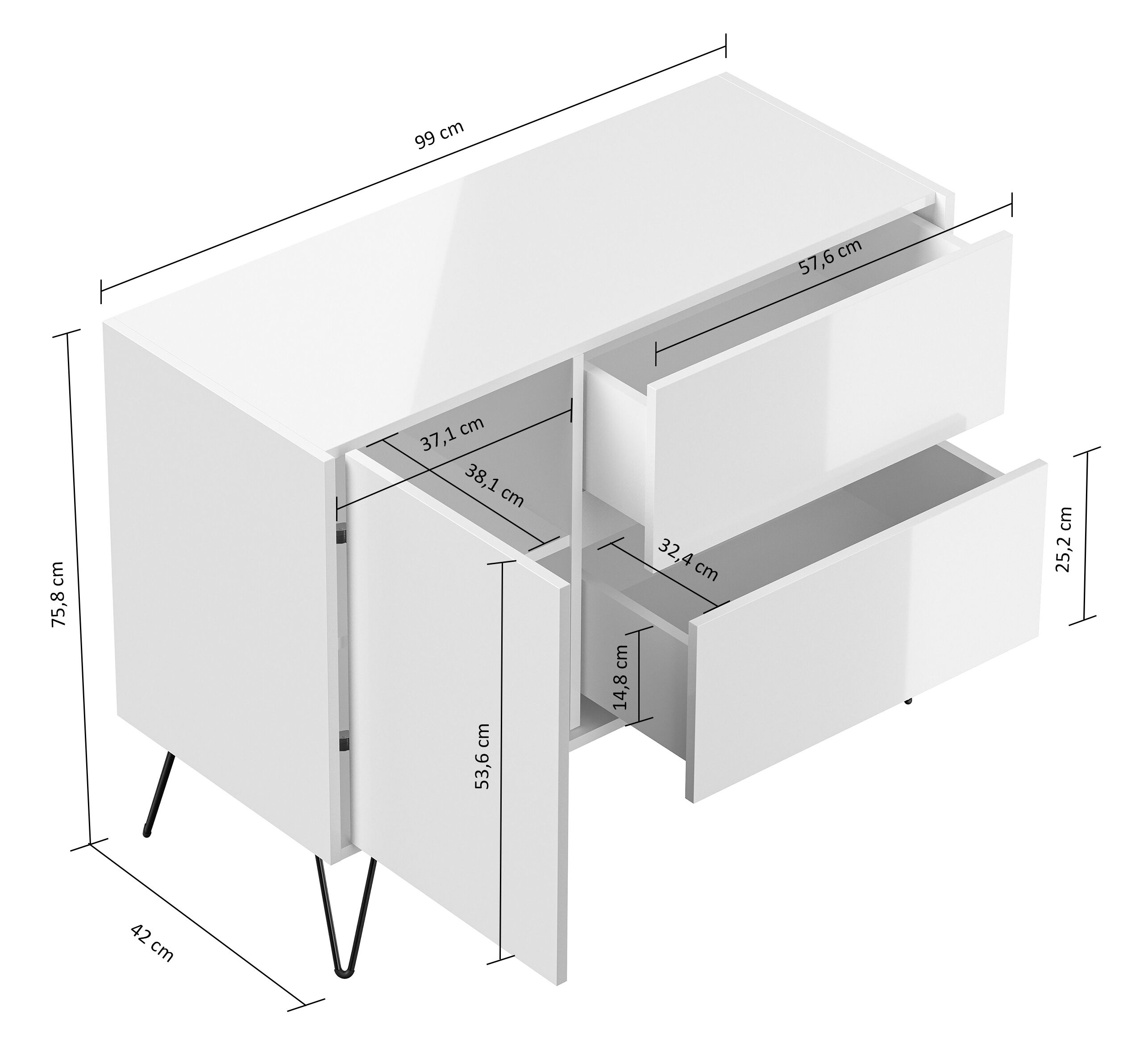 Raumwunder L Sideboard Kommode 100cm 2 SoftClose 1 Tür Weiß/Eiche Front