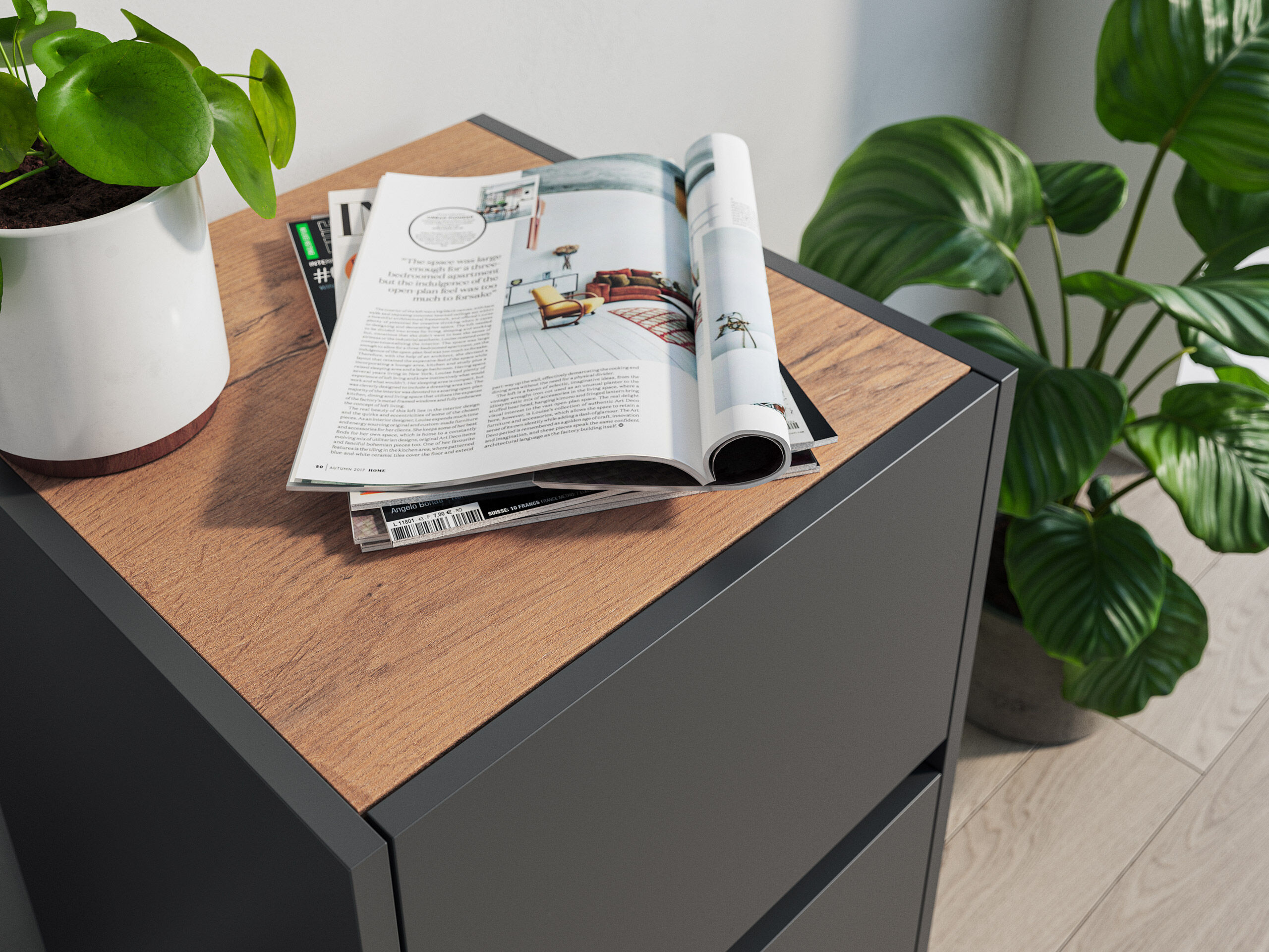 Nachttisch Yako 40cm 2 SoftClose stehend Weiß & Eiche Top