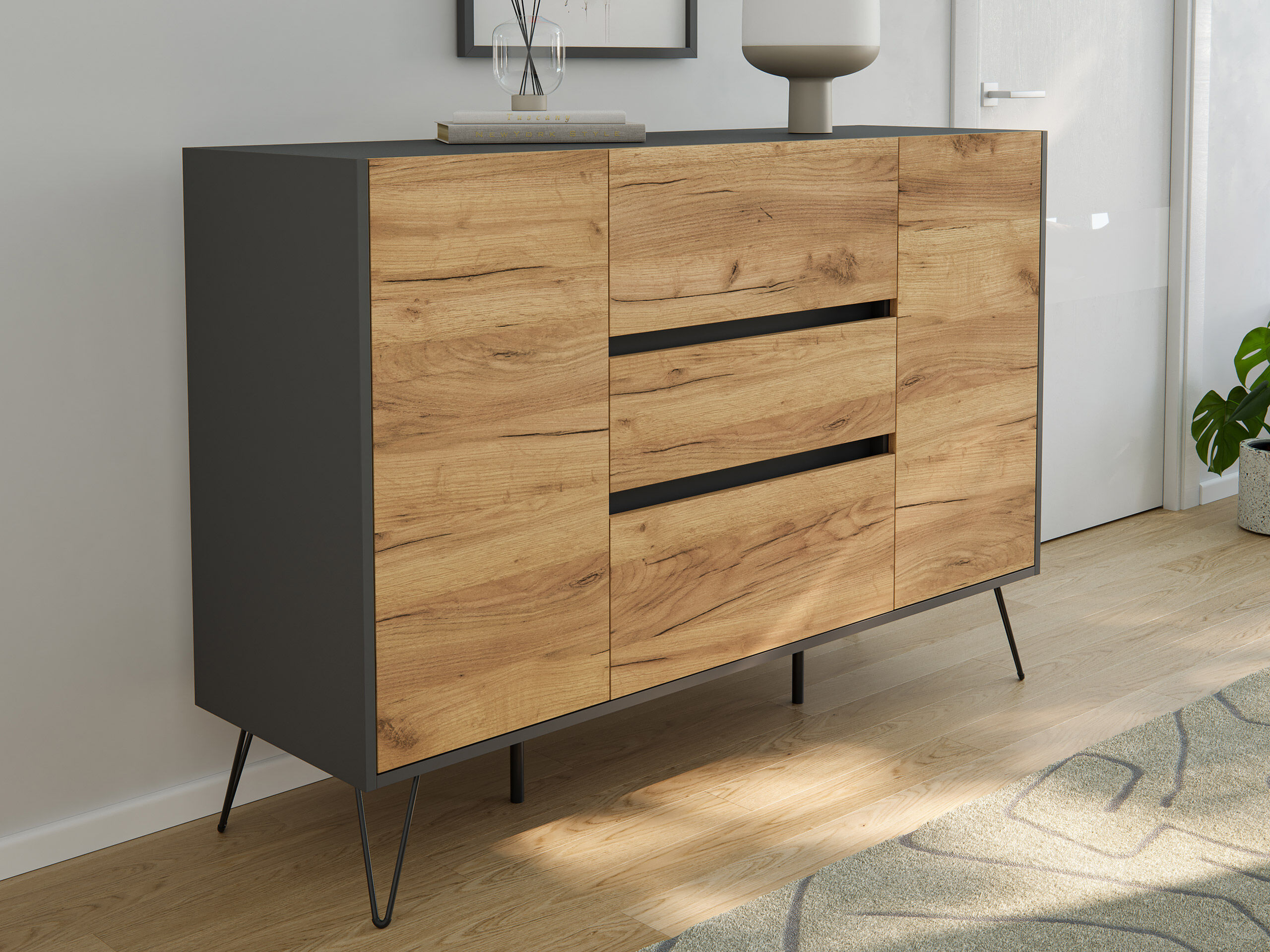 Sideboard Yako XL 140cm 3 SoftClose 2 Türen Grafit/Eiche Front