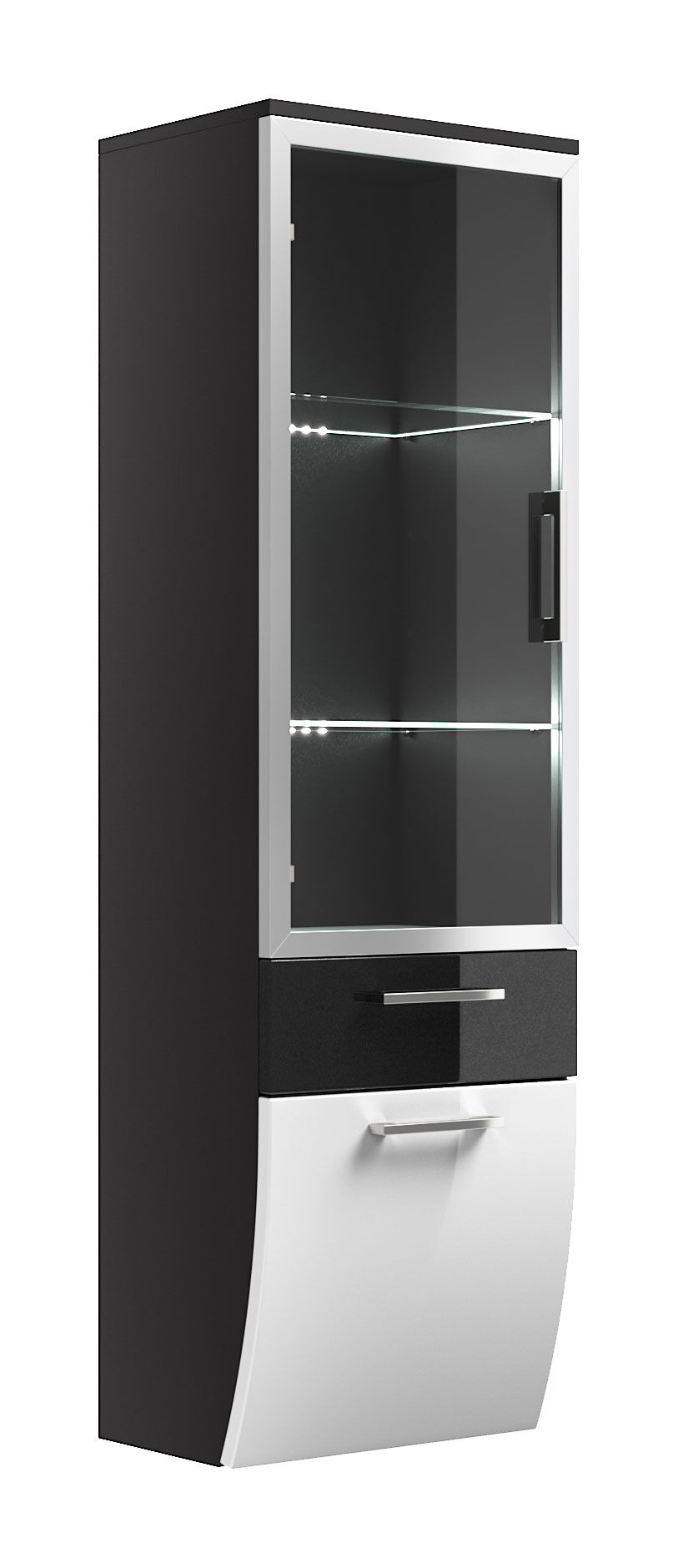 Hochschrank Rima 135 cm mit Glastür rund Weiss hochglanz/Grafit hochglanz