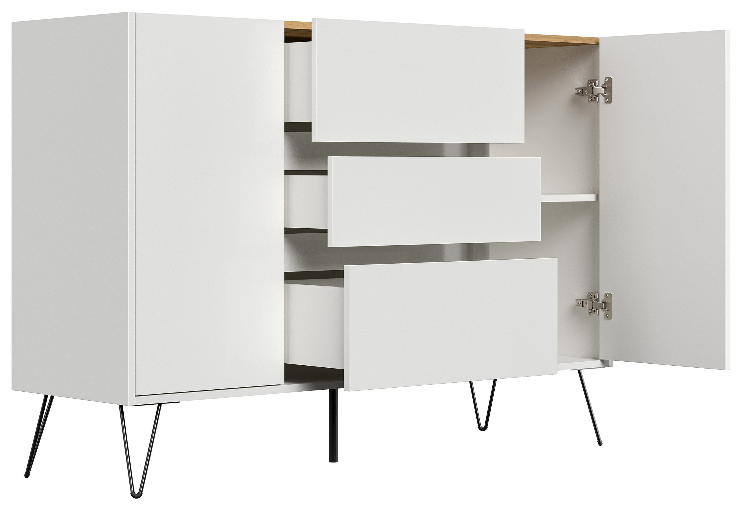 Sideboard Yako XL 140cm 3 SoftClose 2 Türen Weiß/Eiche Top