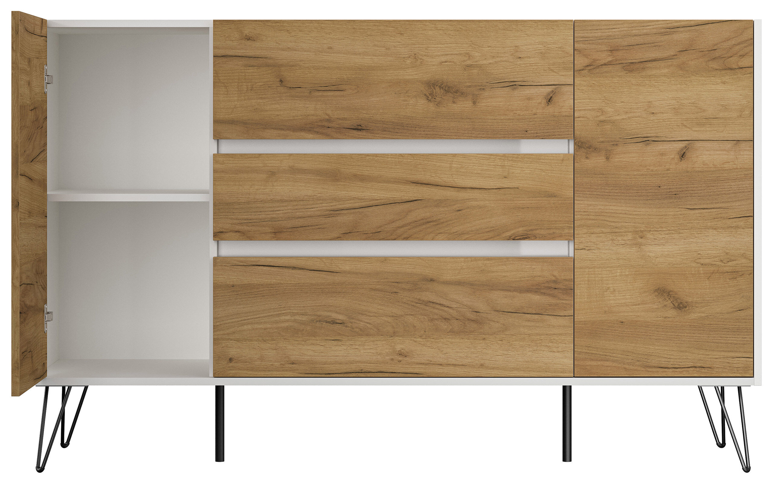 Sideboard Kommode Lovo 155cm Greifraum 3 SoftClose 2 Türen Weiß/Eiche Front
