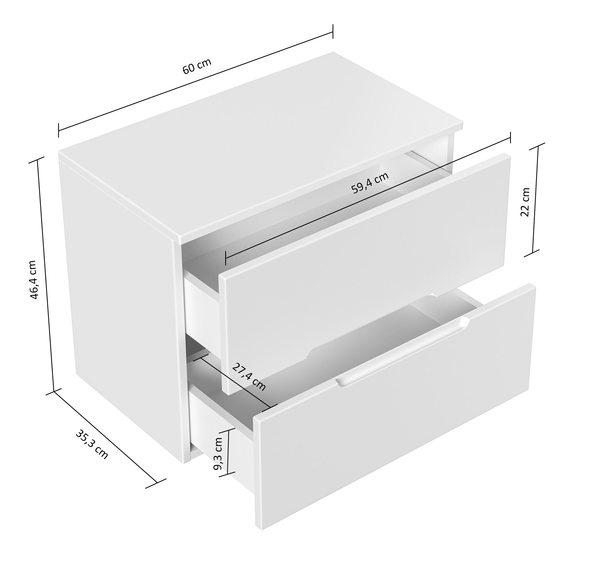 Nachttisch Talo 60cm 2 Softclose-Einzüge mit Greifraum Wandmontage grau matt