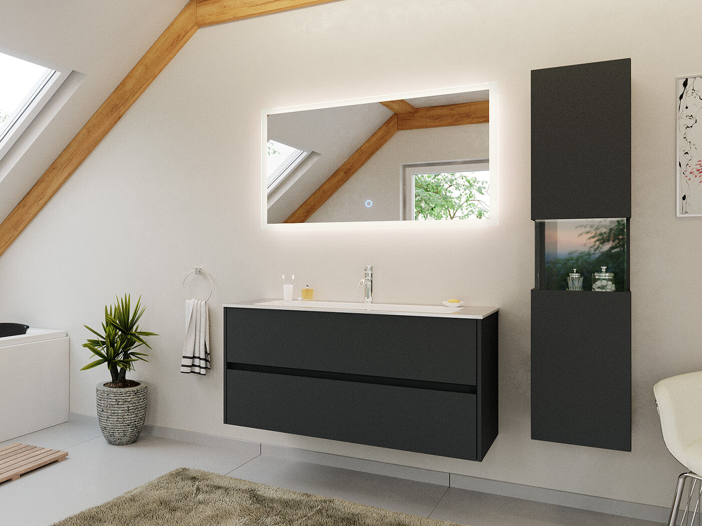 Badmöbel Set Taifun 3tlg. 120 cm mit LED Spiegel & Hochschrank eiche gold