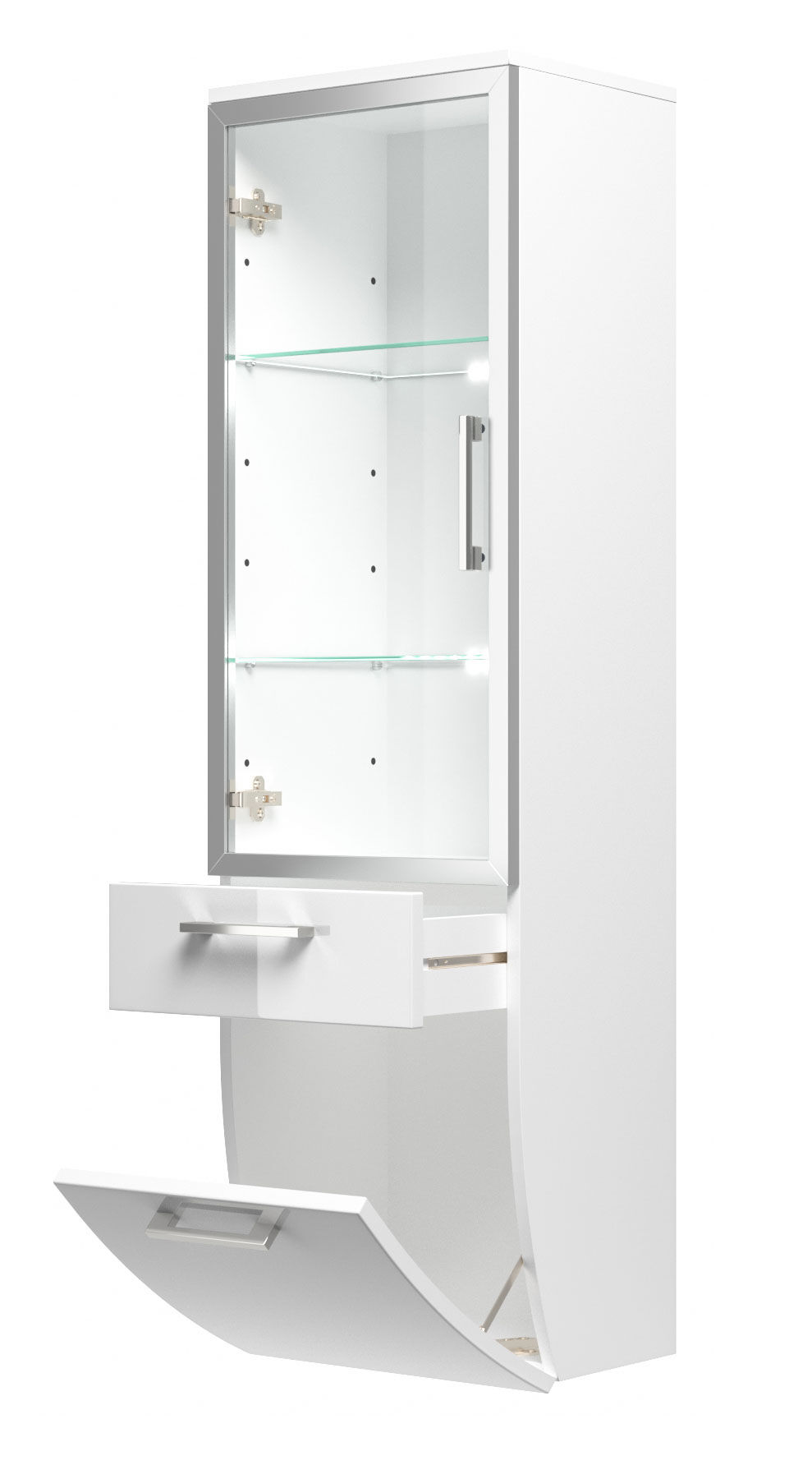 Hochschrank Rima 135 cm mit Glastür rund Weiss hochglanz
