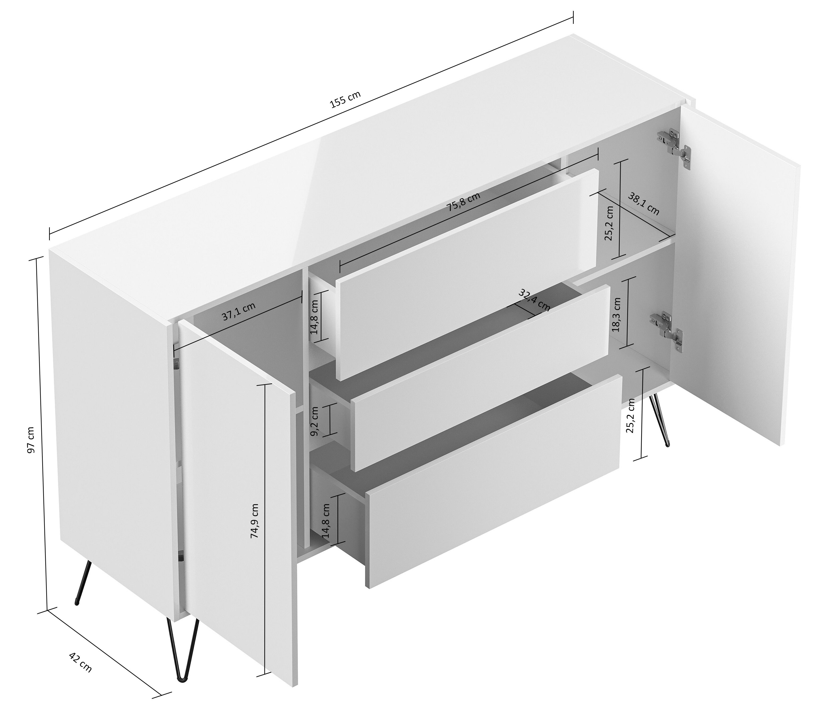Sideboard Kommode Lovo 155cm Greifraum 3 SoftClose 2 Türen Weiß/Eiche Front