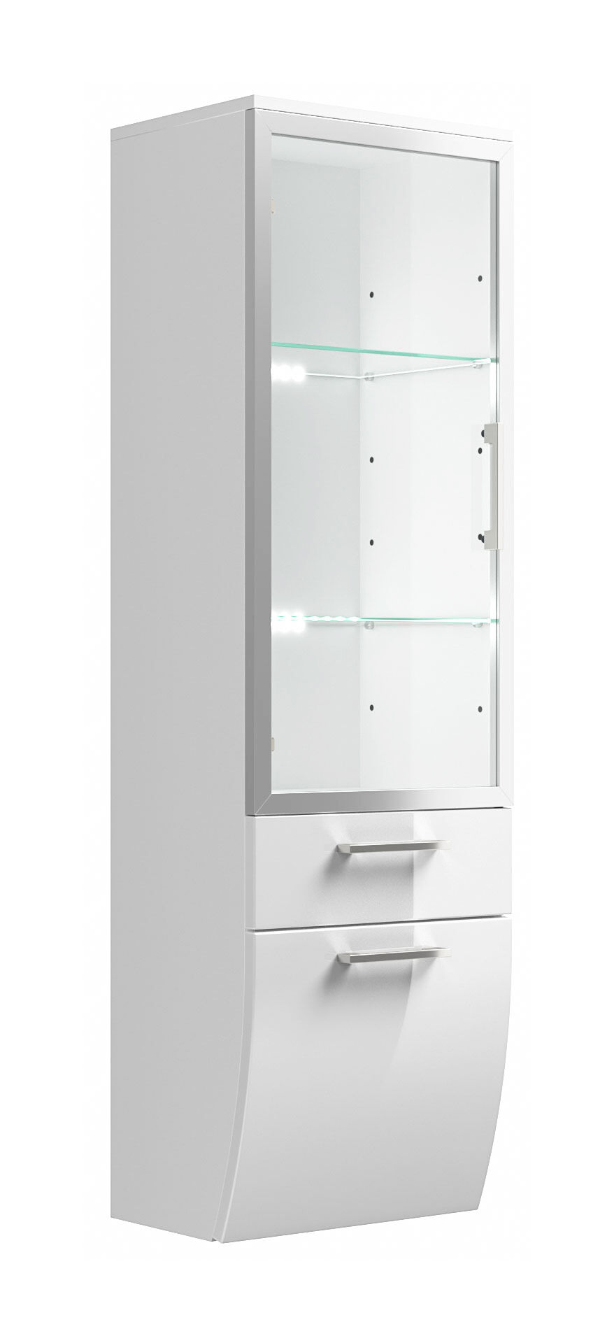 Hochschrank Rima 135 cm mit Glastür rund Weiss hochglanz
