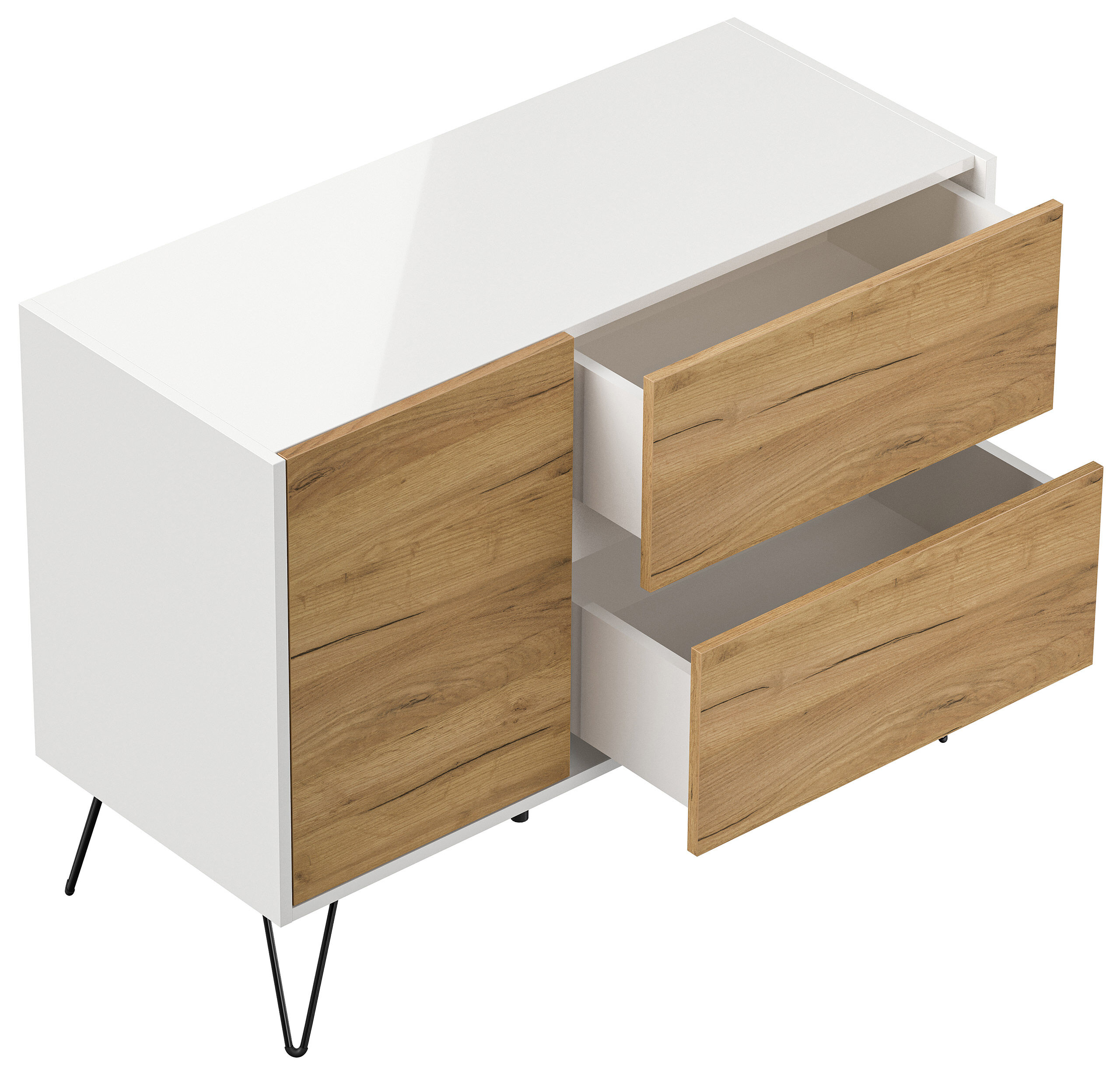 Raumwunder L Sideboard Kommode 100cm 2 SoftClose 1 Tür Weiß/Eiche Front