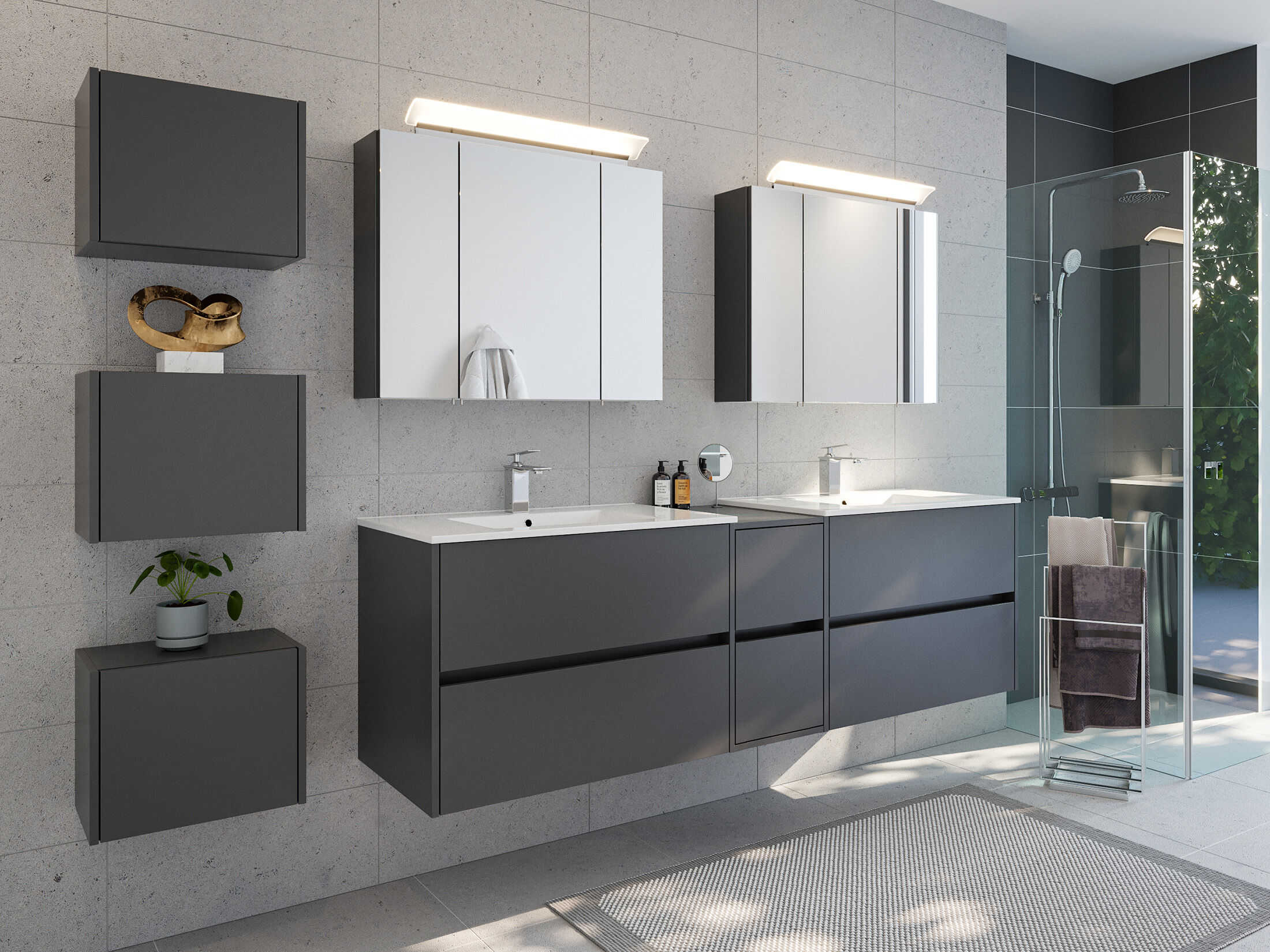 Badmöbelset Taifun 190cm 4tlg mit 2x Spiegelschrank & 3er Boxen Set eiche gold