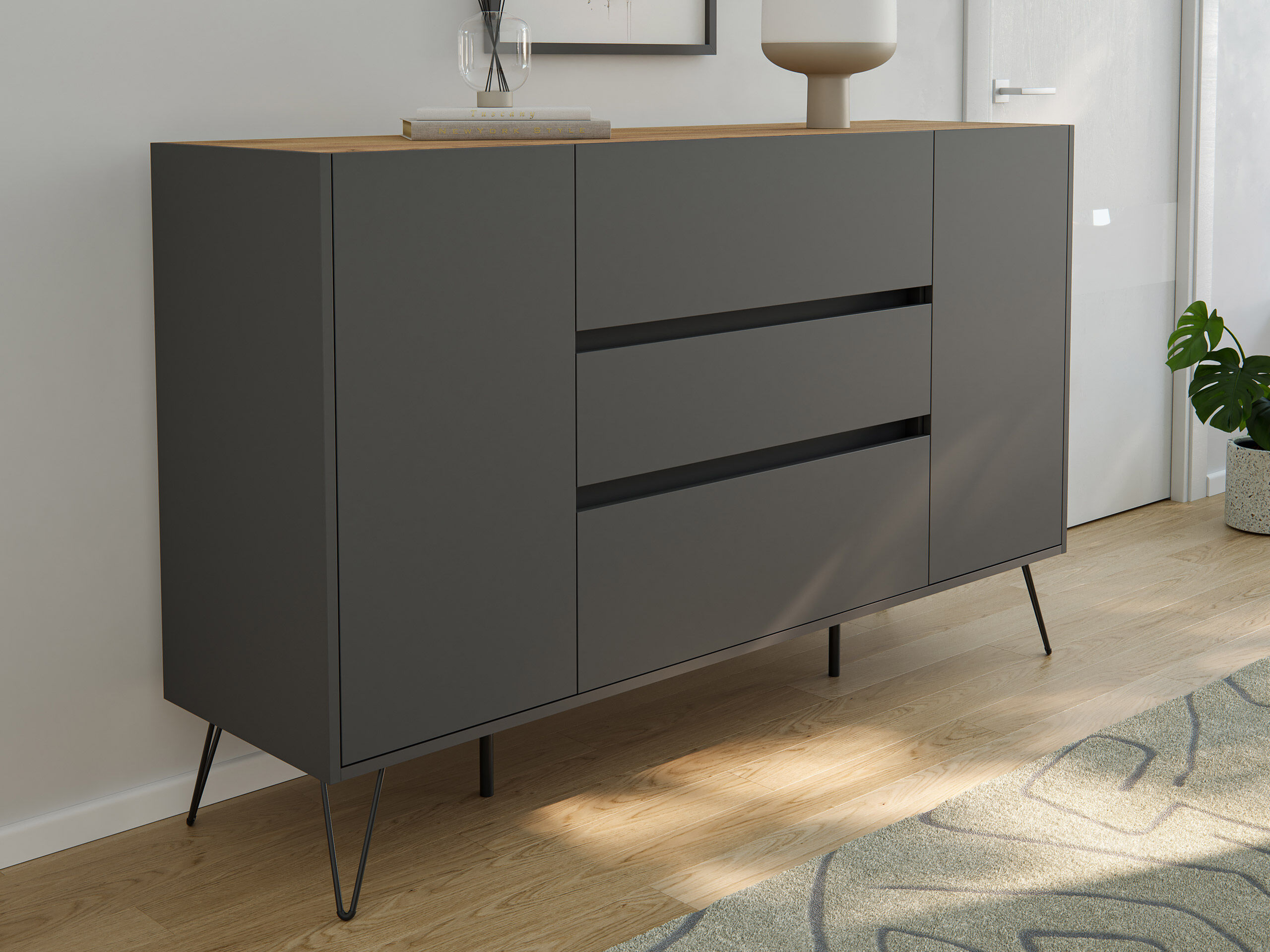 Sideboard Kommode Lovo 155cm Greifraum 3 SoftClose 2 Türen Weiß/Eiche Front