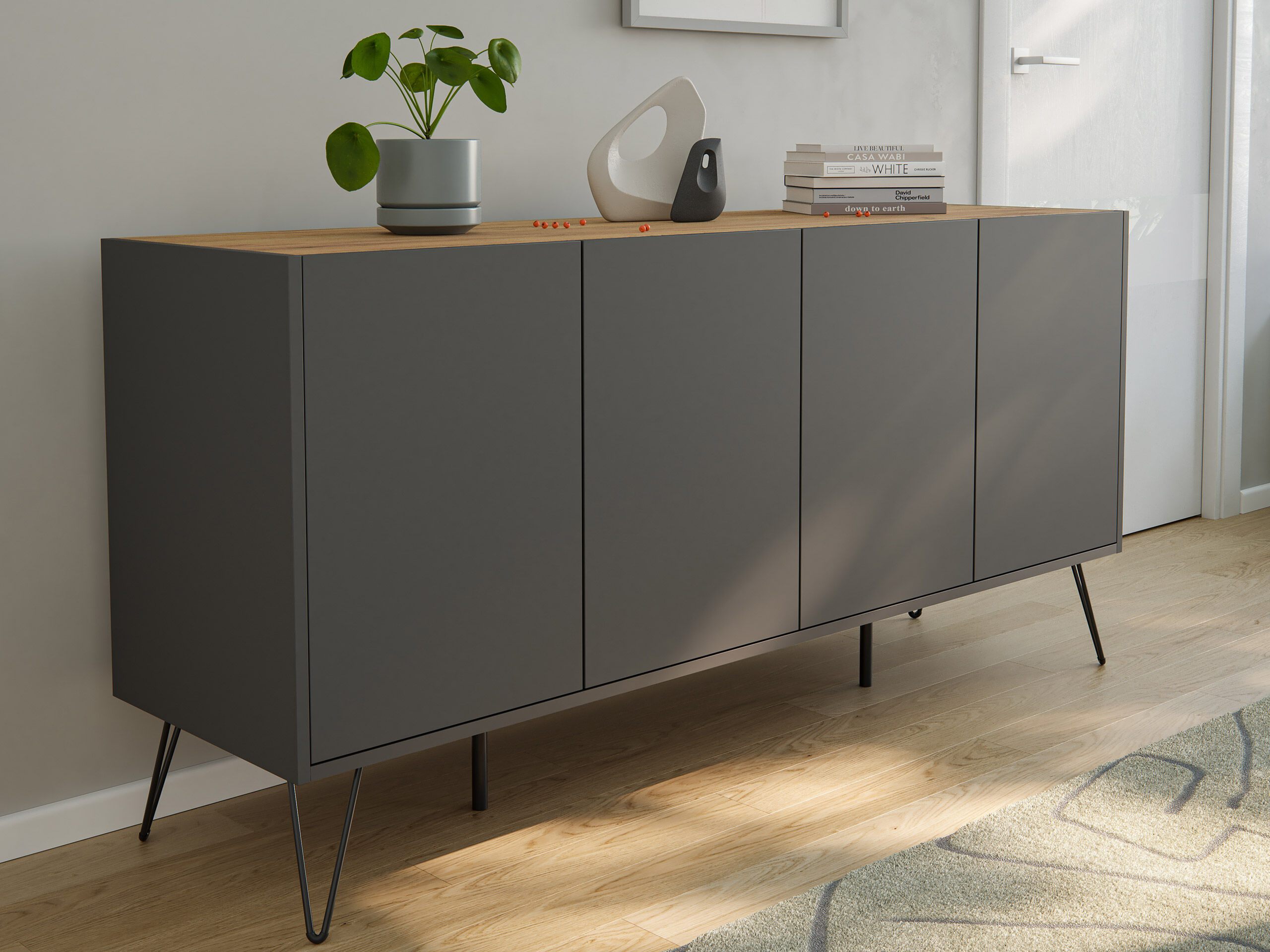 Raumwunder XL Sideboard Kommode Maxim 155cm stehend 4 Türen Grafit/Eiche Top