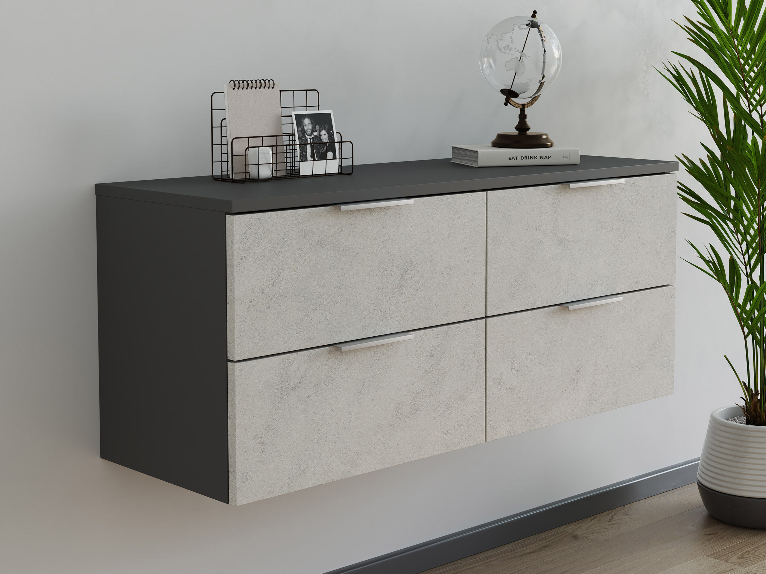 Design Hängekonsole Sideboard Urban Slimline 4 Softeinzüge lackiert Creme-Grafit