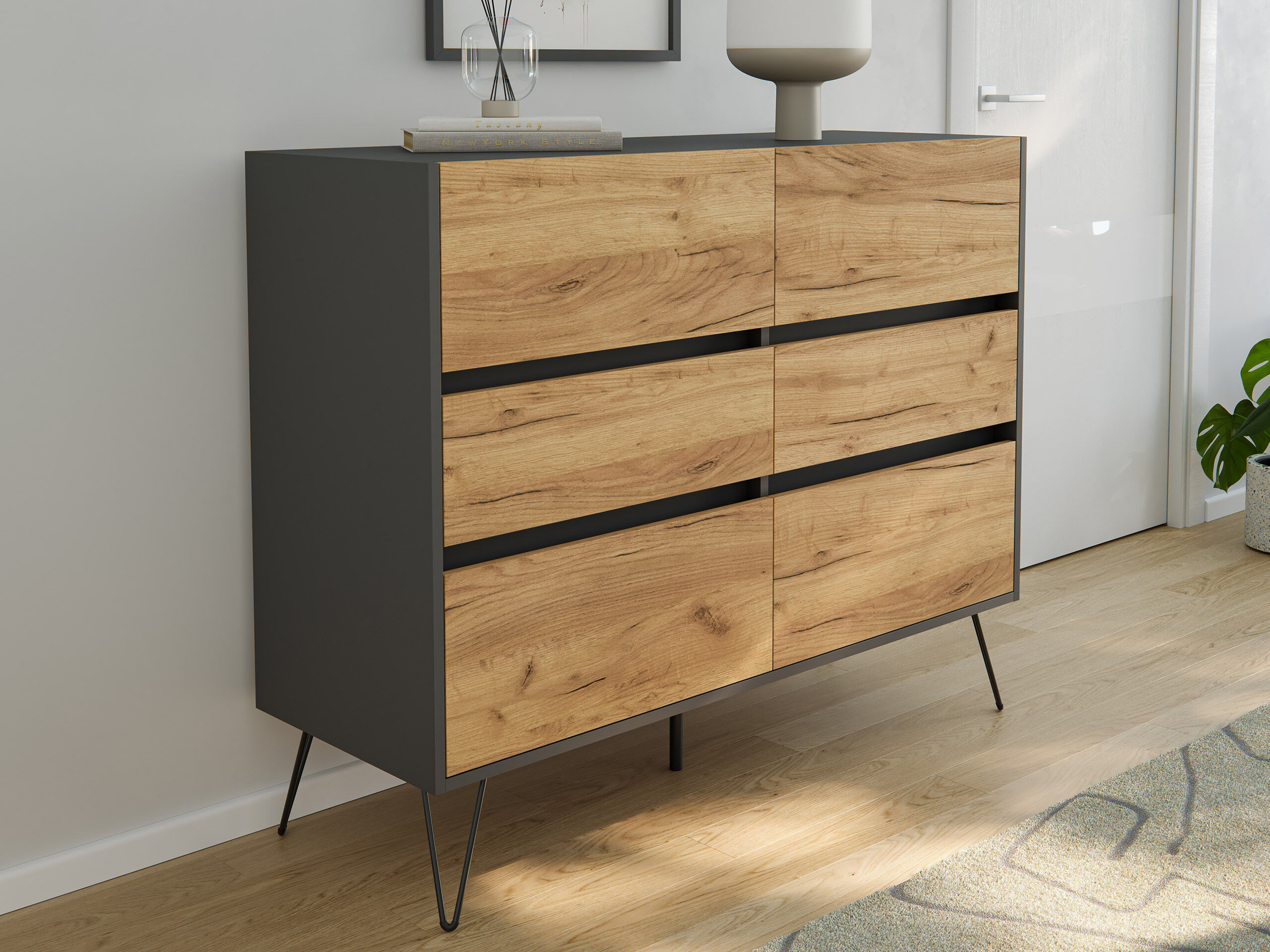 Sideboard Kommode Volo 120cm Greifraum 6 SoftClose Schubladen Weiß/Eiche Front