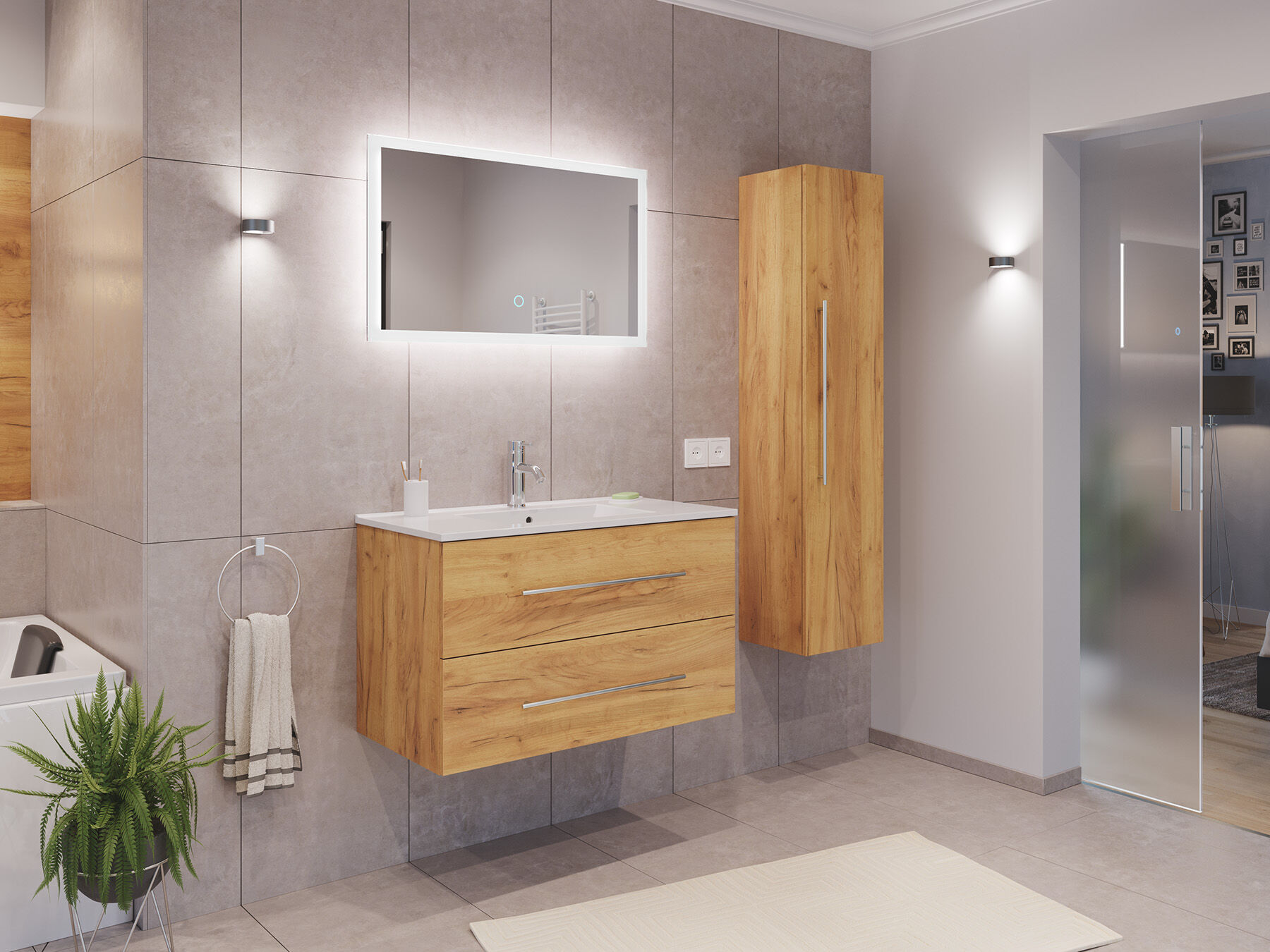 Badmöbel Set Firenze 90 3tlg. LED Spiegel und Hochschrank grafit