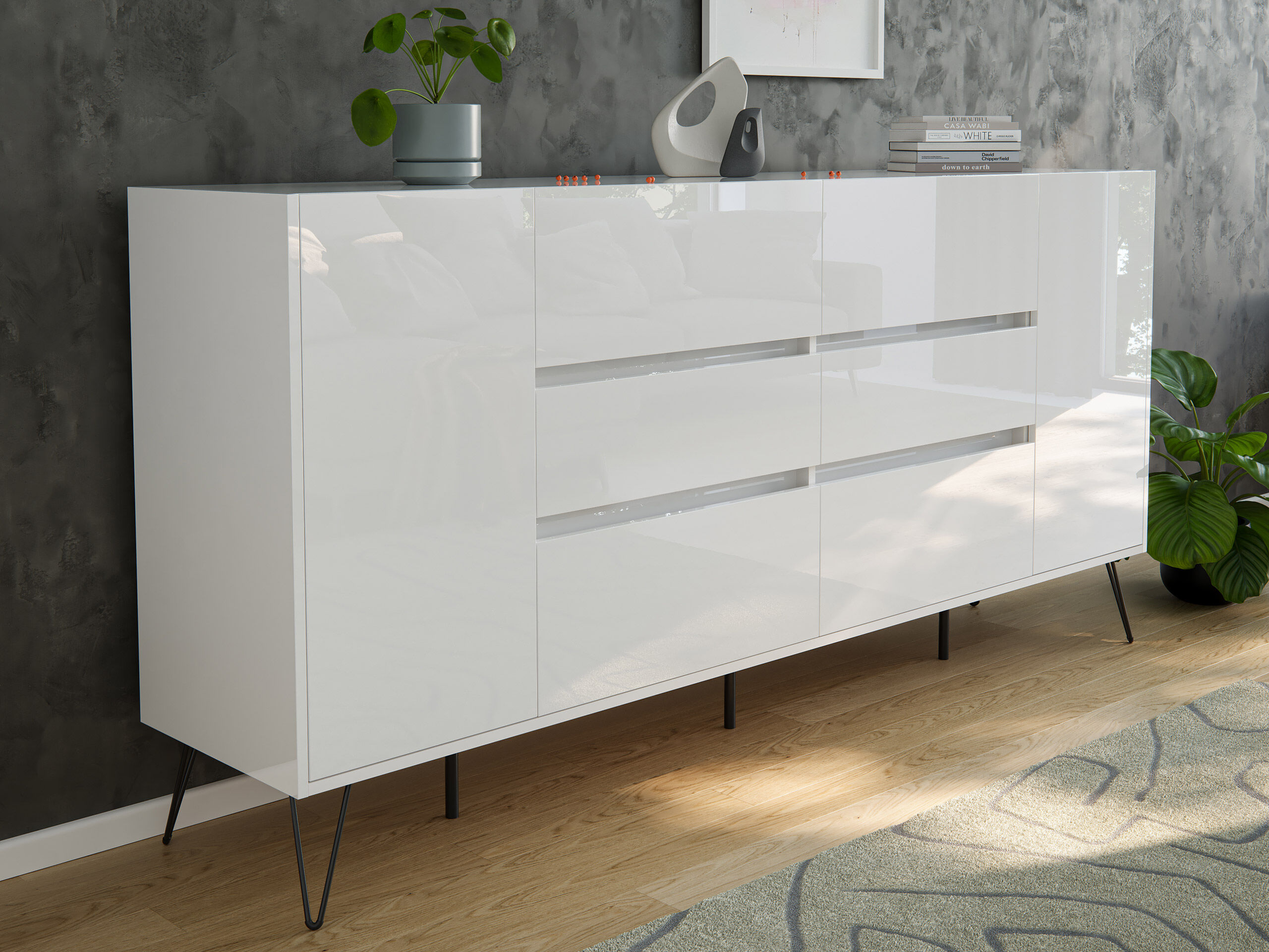 Design Sideboard Kommode Yako 200cm Greifraum 6 SoftClose 2 Türen Weiß hochglanz