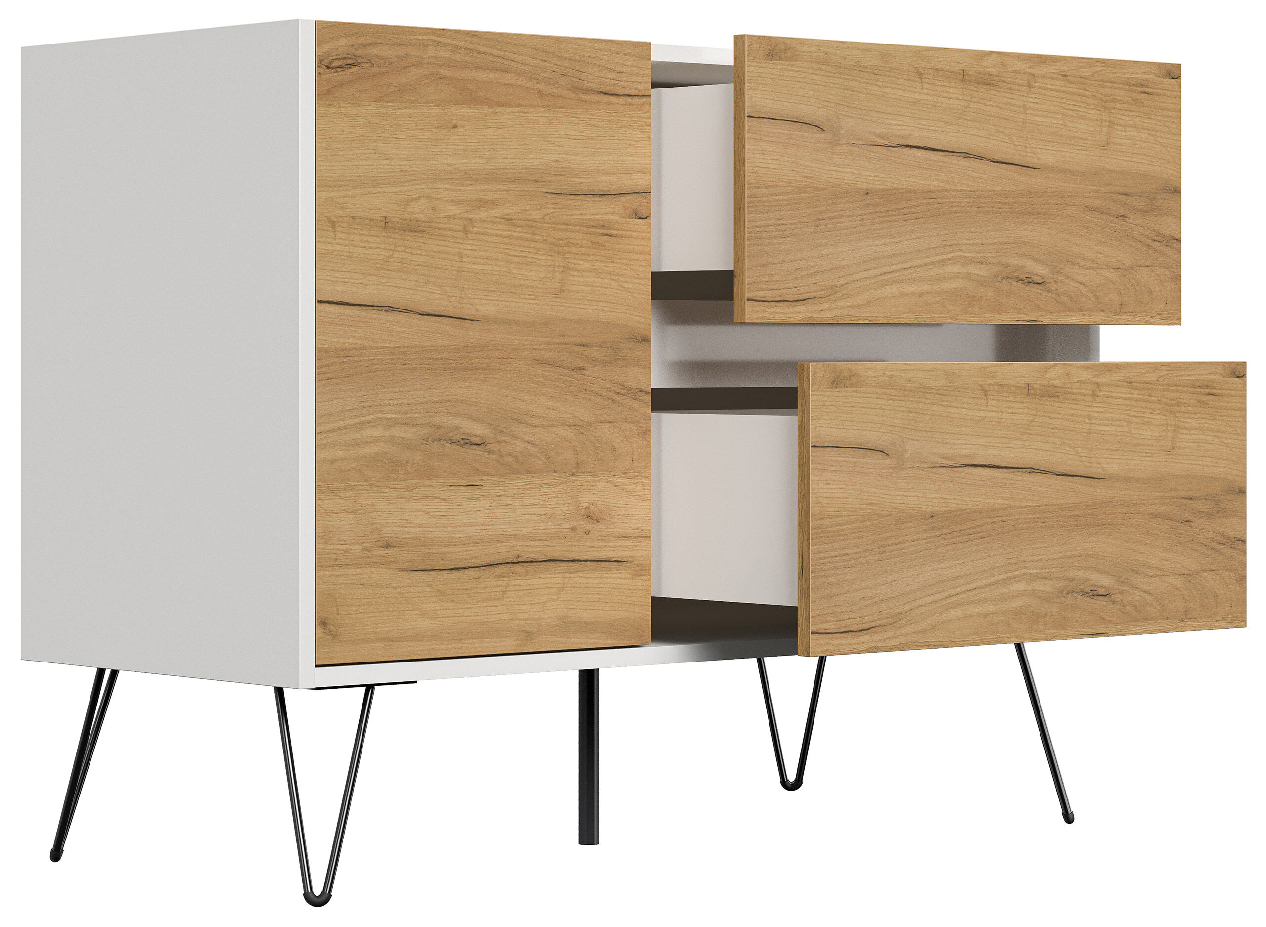 Raumwunder L Sideboard Kommode 100cm 2 SoftClose 1 Tür Weiß/Eiche Front