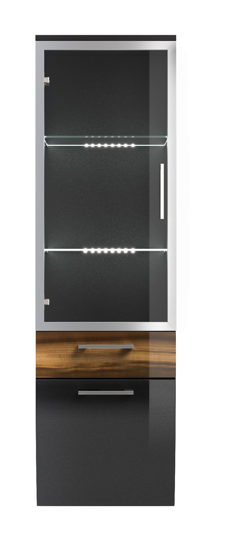Hochschrank Rima 135 cm mit Glastür rund Walnuss hochglanz/Grafit hochglanz