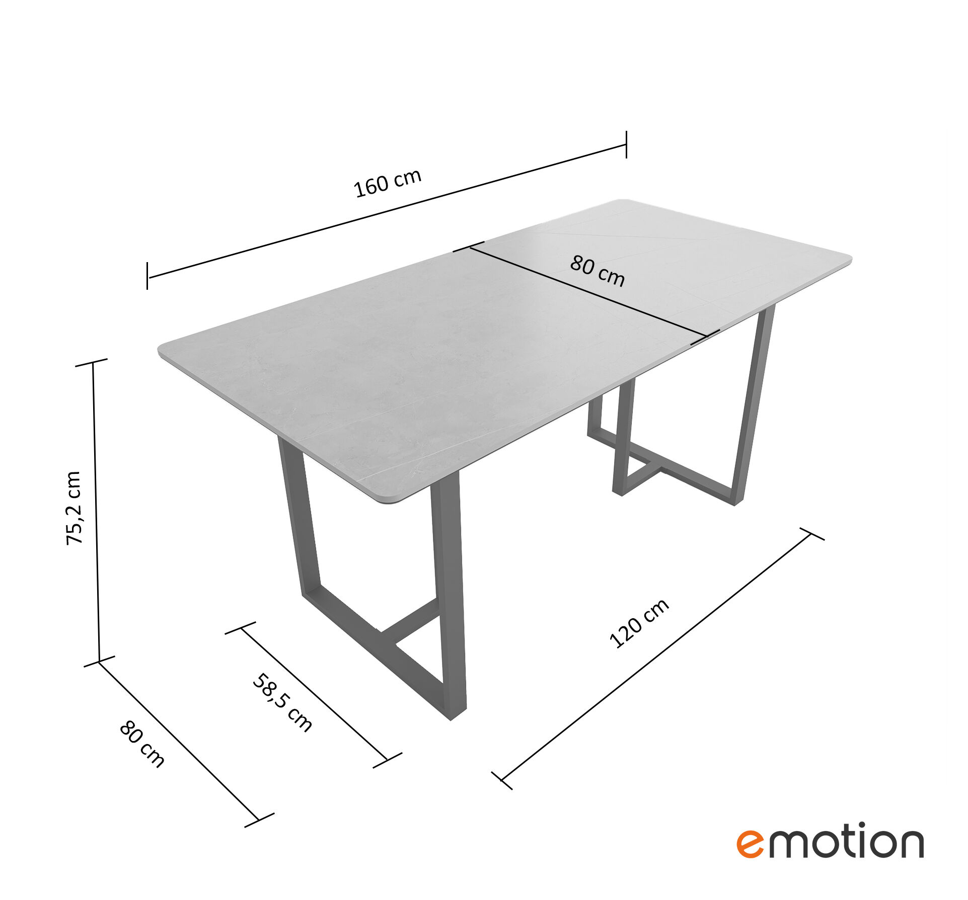 Esszimmertisch MIAS 160x80cm graue Keramikplatte schwarzes massives Tischgestell