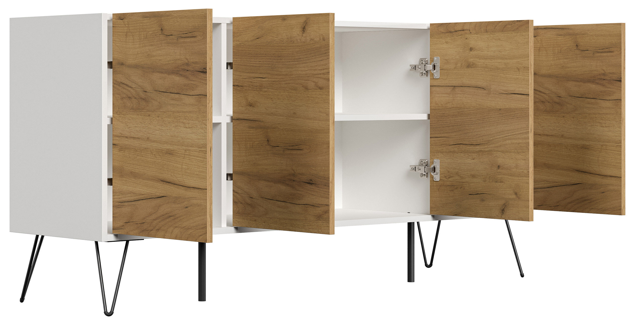 Raumwunder XL Sideboard Kommode Maxim 155cm stehend 4 Türen Weiß/Eiche Front